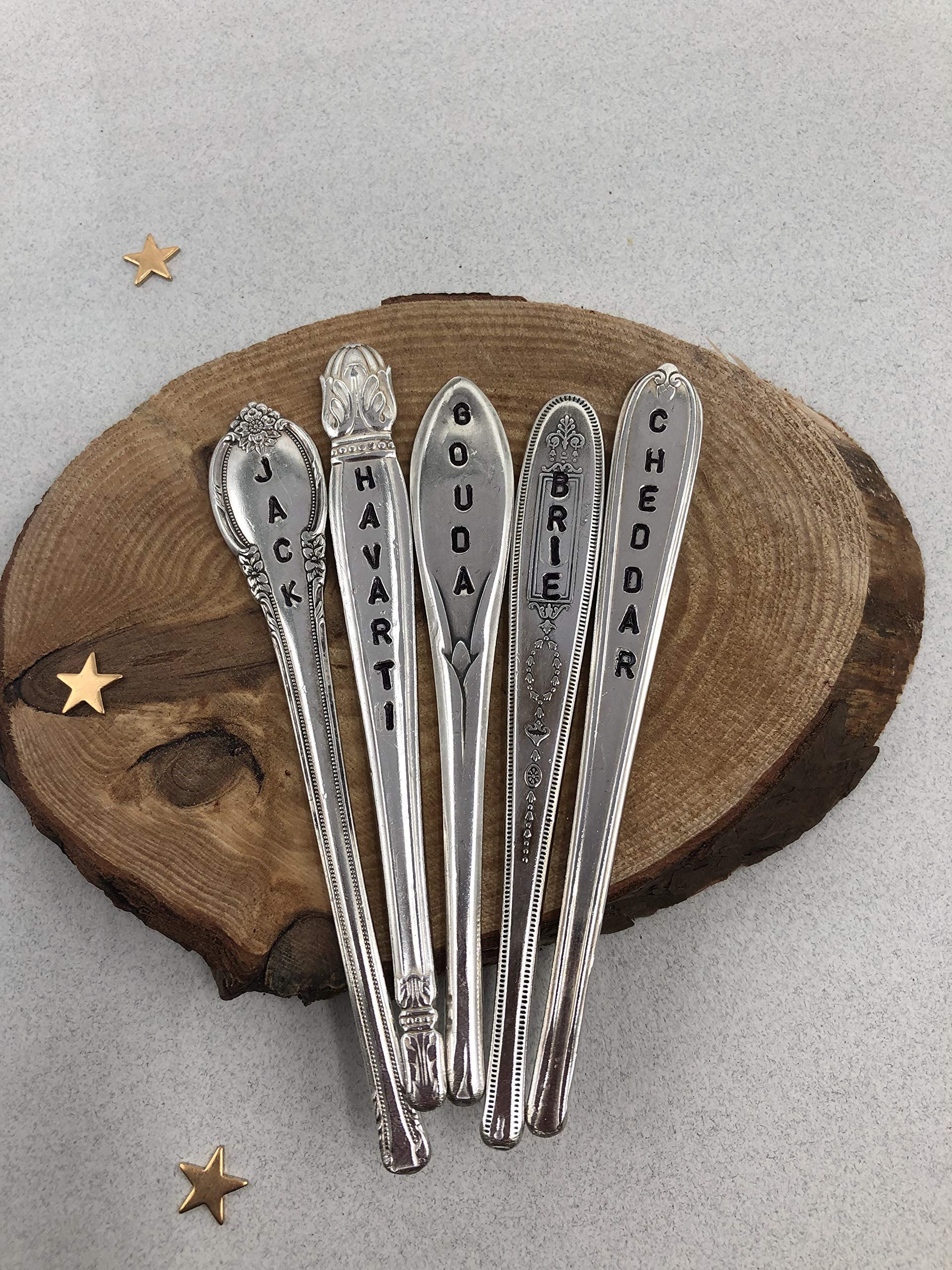 Custom Cheese Markers Set of 5 - Engraved Silver Plate Cheese Spoons with Personalized Cheese Names - Perfect for Wine & Cheese Parties, Charcuterie Boards & Gourmet Gift Giving