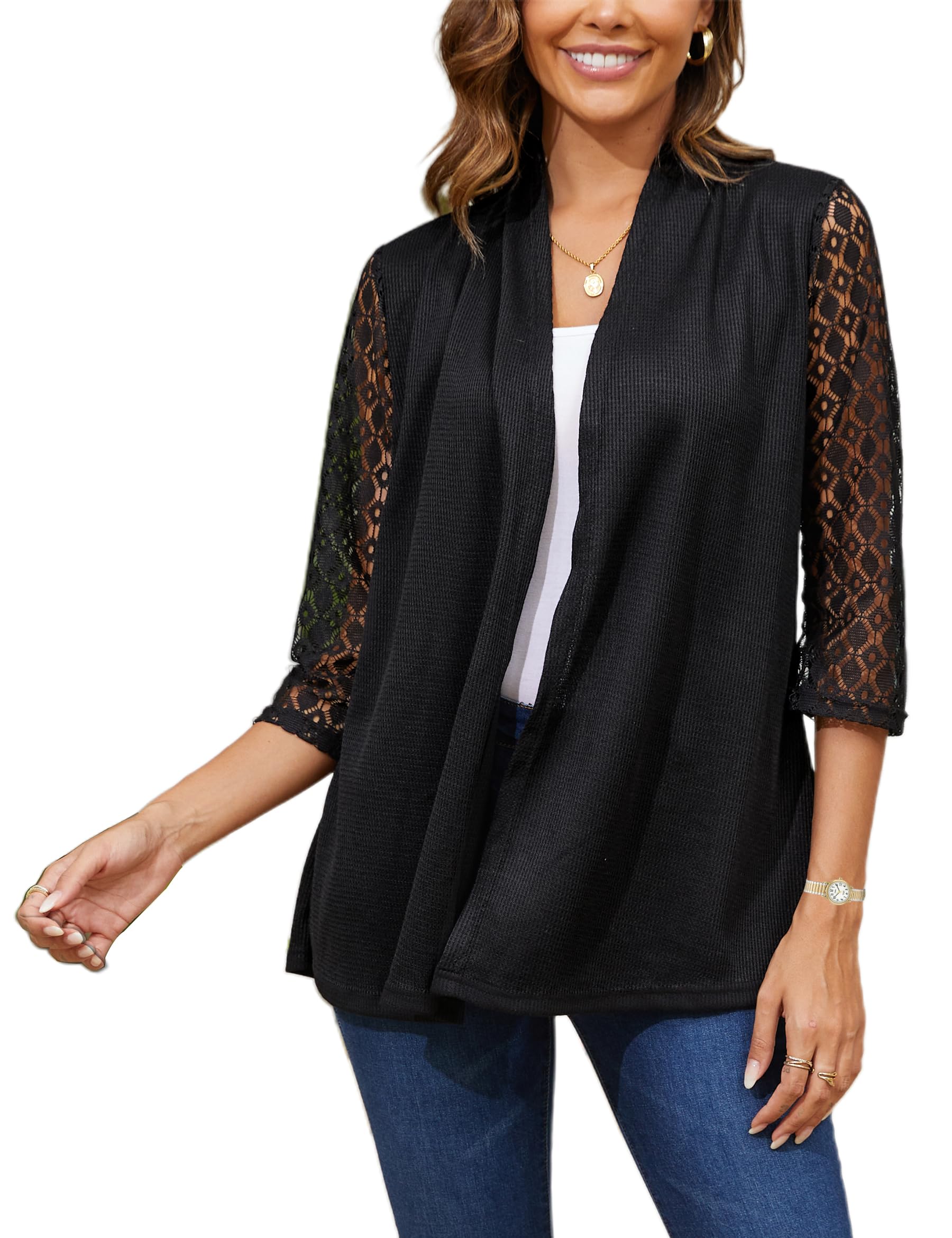 Women's Waffle Knit Cardigan with 3/4 Lace Sleeves - Lightweight Summer Sweater in Sizes S-XXXL | Perfect for Beach Cover-Ups, Office Wear & Casual Outfits