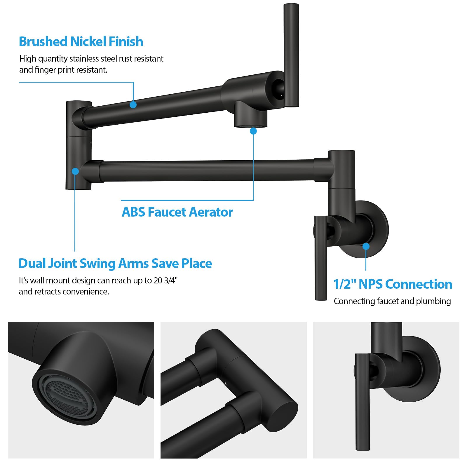 Sarlai Matte Black Wall Mounted Pot Filler Faucet - Stainless Steel Swing Arm Kitchen Faucet with Dual Handles & Folding Design for Easy Cooking & Large Pots - Perfect for Modern Kitchens, Restaurants & Home Chefs