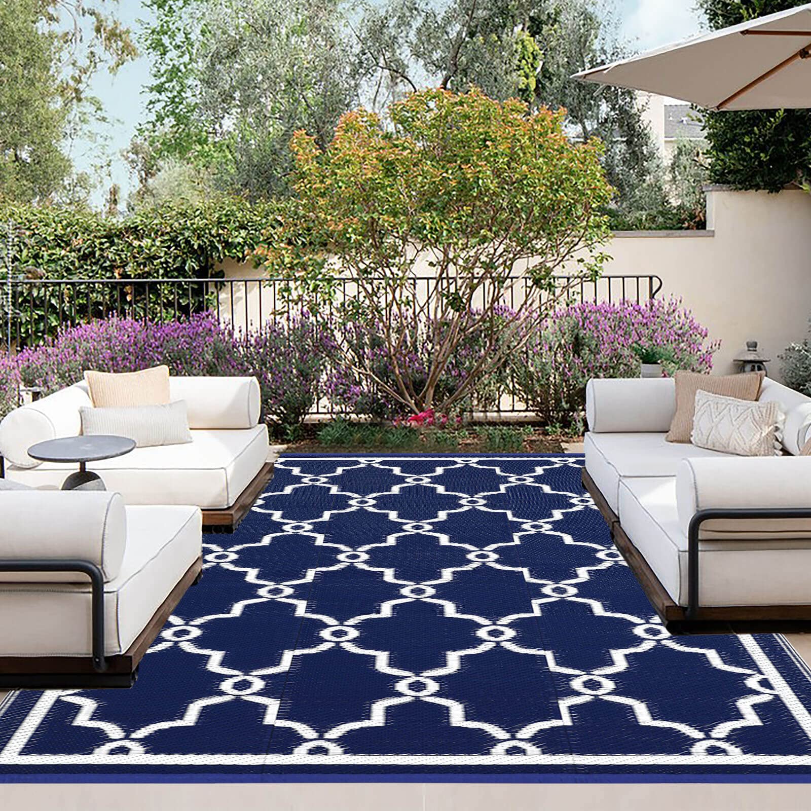 Outdoor Reversible Rug 9x12 ft - Waterproof Plastic Patio Carpet, UV & Stain Resistant RV Mat, Straw Weave Moroccan Navy & White - Perfect for Camping, Backyard, Deck, Picnic, Porch, RV & Outdoor Decor