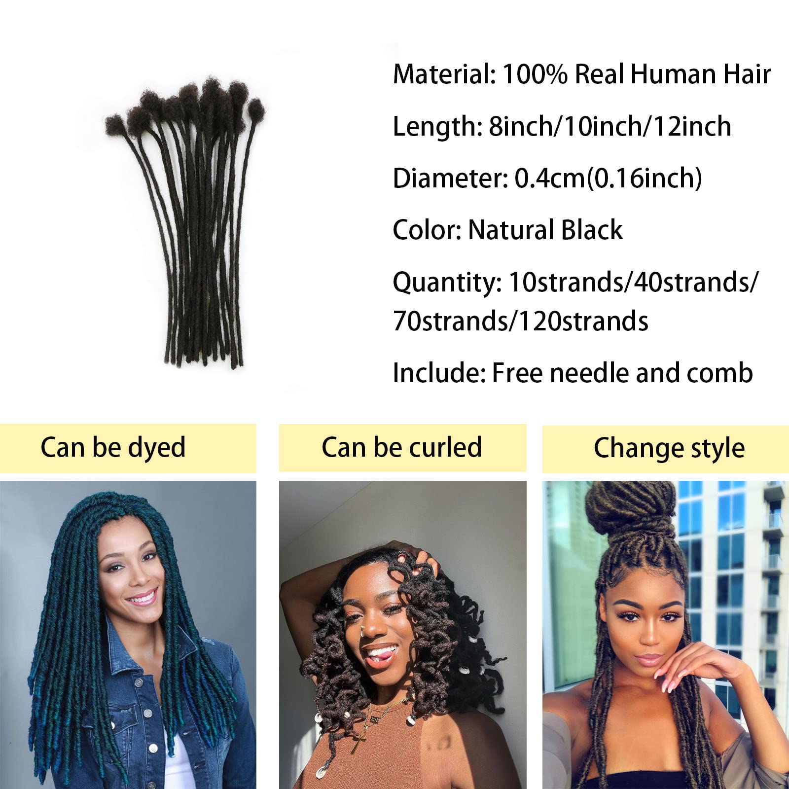 0.4cm Permanent Human Hair Loc Extensions - 10 Inch 70 Strands Handmade Dreadlocks for Men, Women & Kids - Real Human Hair Dreadlock Extensions with Needle & Comb - Perfect for Protective Styles, Natural Hair Growth & Daily Wear