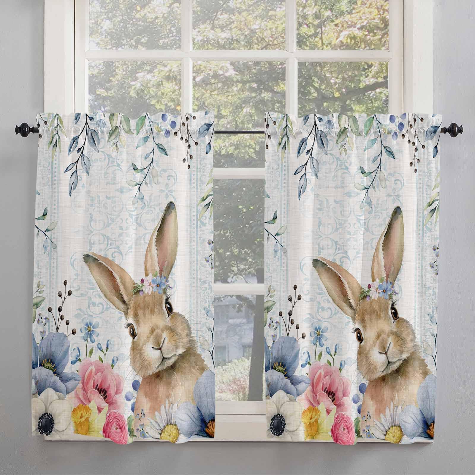 Easter Bunny Spring Floral Window Curtains - 2 Panels Semi Sheer Tier Curtains 27.5