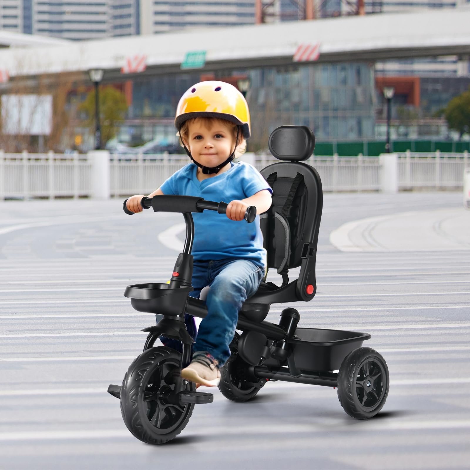 **6-in-1 Kids Tricycle with Removable Canopy & Push Handle – Adjustable Toddler Bike for Boys & Girls 12-60 Months – 360° Swivel Seat, Folding Pedals, EVA Wheels & Storage Basket – Perfect for Outdoor Play, Park Rides & Learning Balance (Black)**
