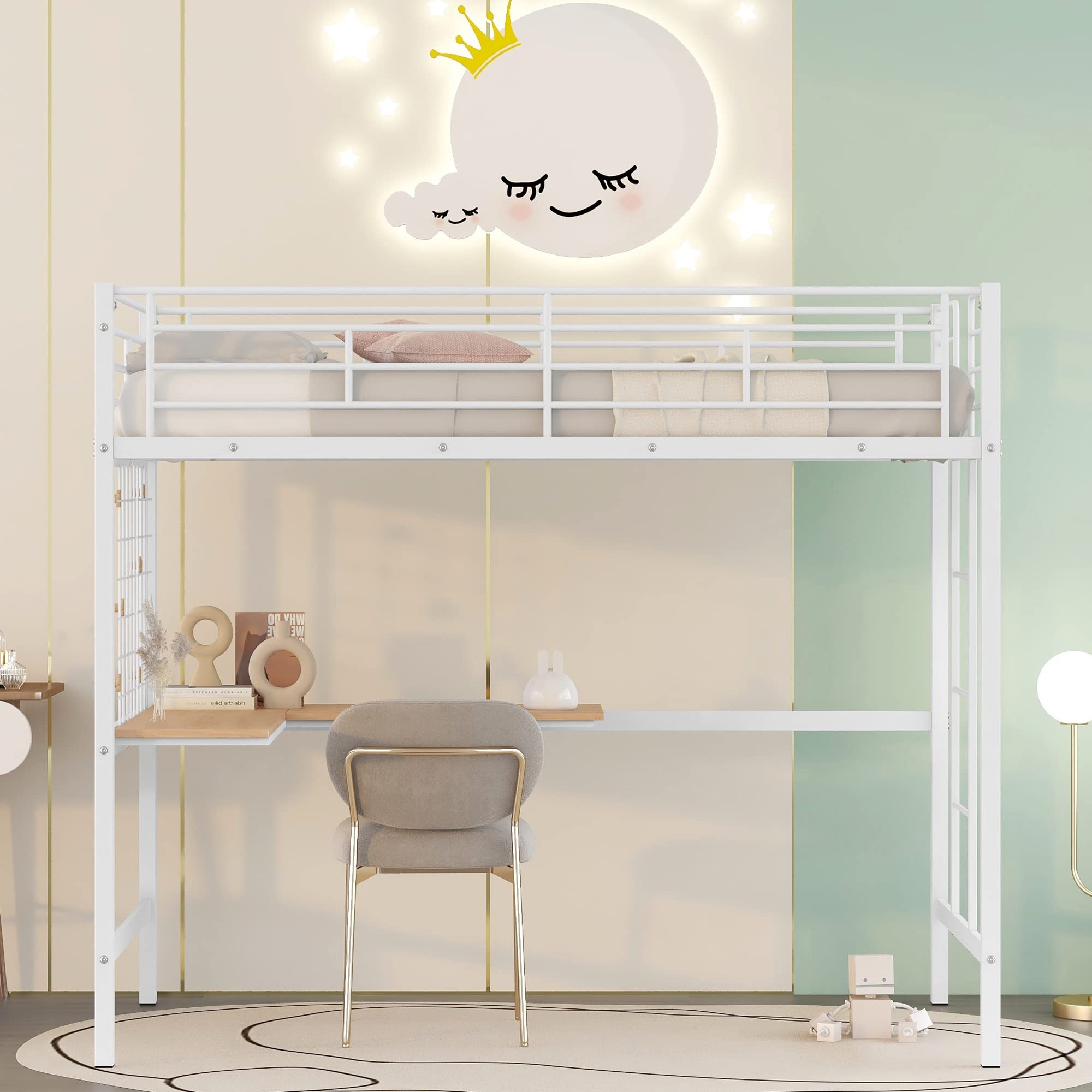 Harper & Bright Designs Twin Size Metal Loft Bed with L-Shape Desk - Space Saving Loft Bed Frame with Study Area for Kids & Teens - Sturdy Metal Grid Design - Perfect for Small Bedrooms & Dorm Rooms (White)