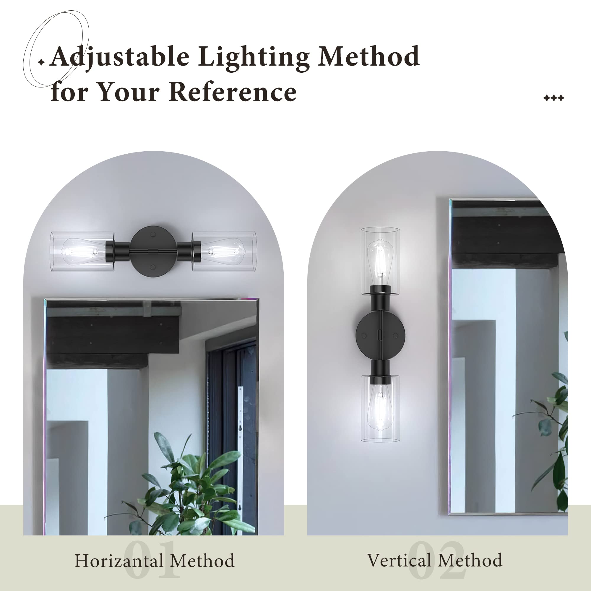 Espird Black Bathroom Vanity Lights - 2 Light Wall Sconce with Clear Glass Shades, Farmhouse Matte Black Finish, Modern Over Mirror Lighting for Bathroom, Bedroom, or Dressing Room