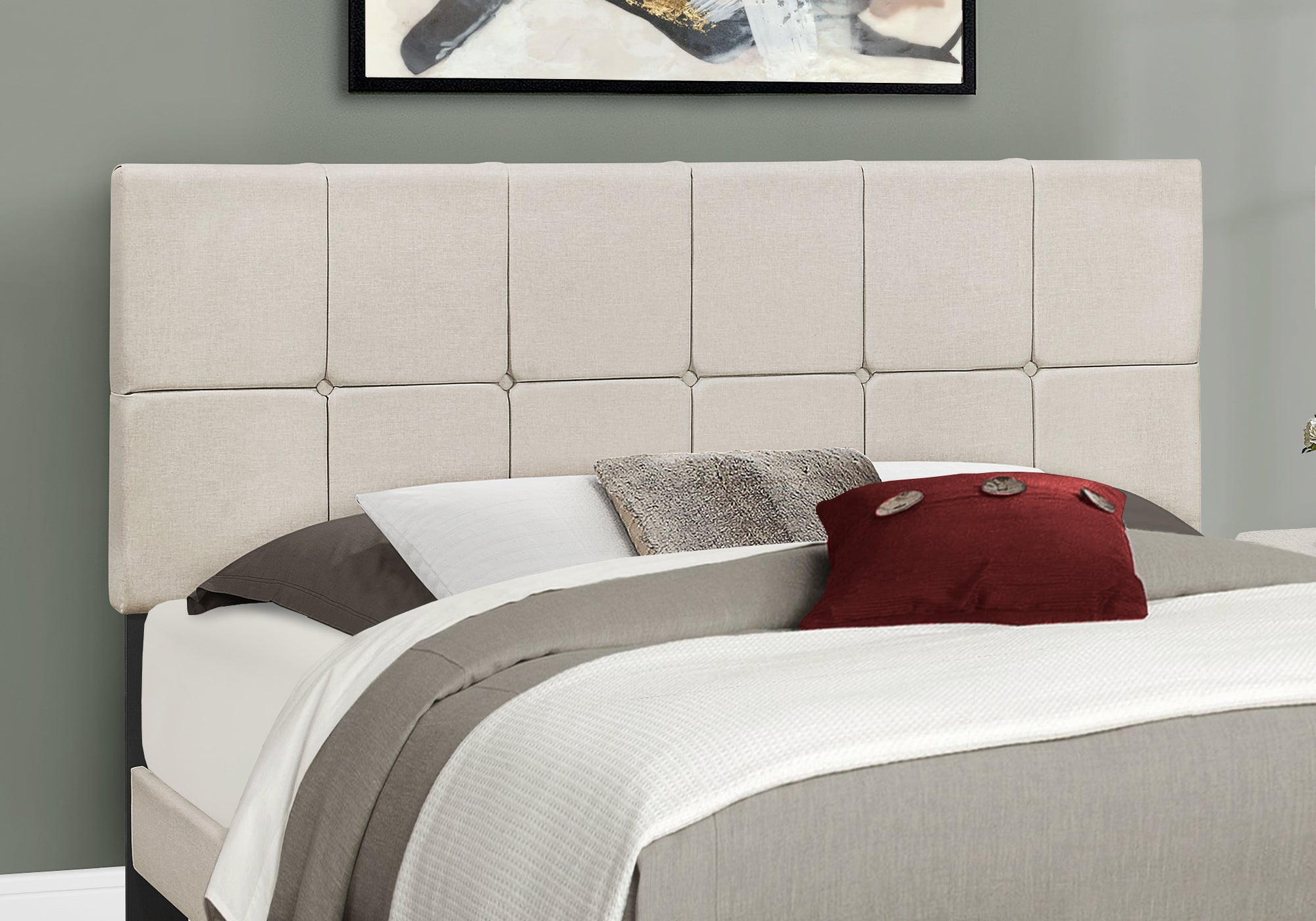 Queen Size Beige Linen Bed Frame - Modern Platform Bed with Upholstered Headboard for Master Bedroom & Guest Room