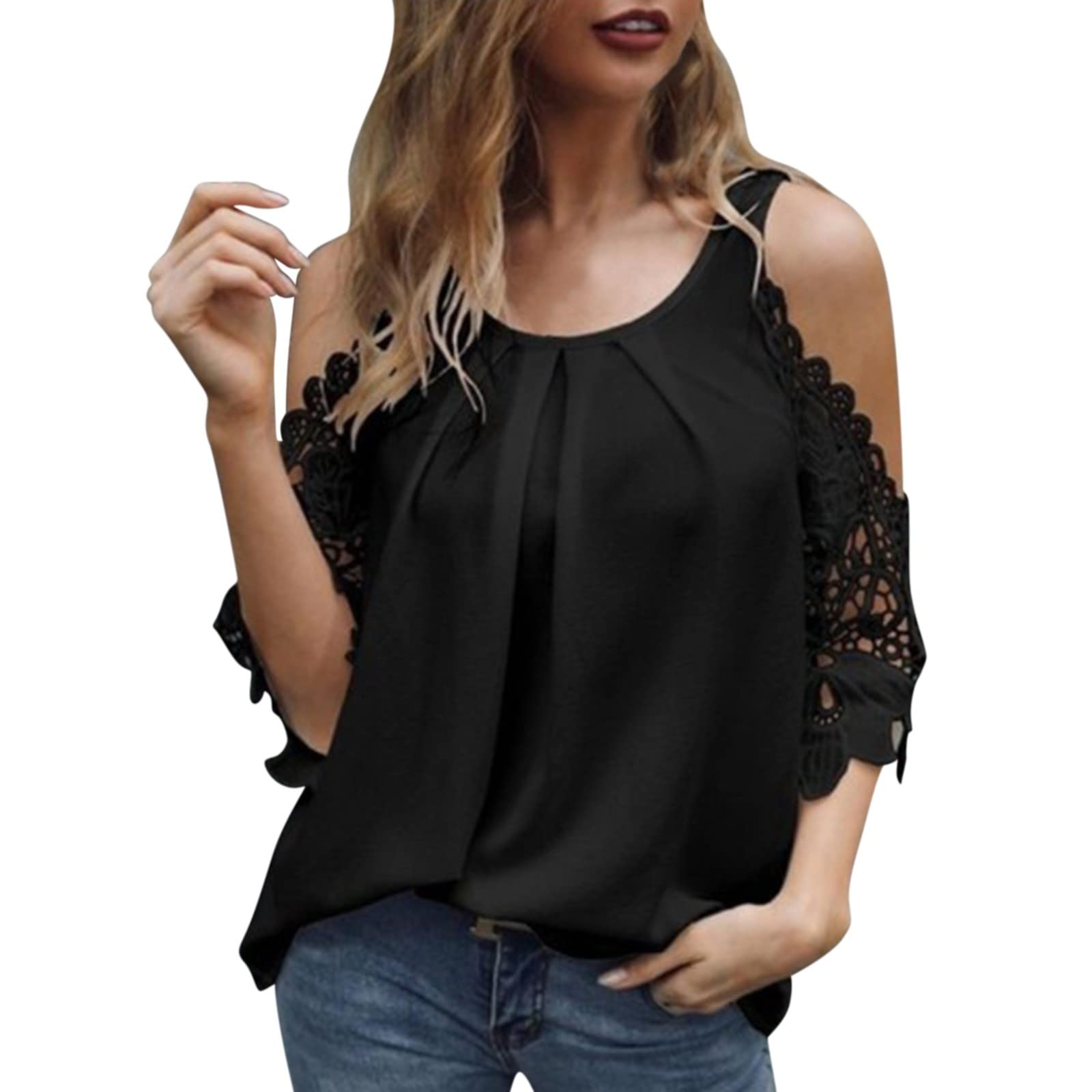 Women's Spring Tops 2024 - Summer Short Sleeve Blouse with Loose Neck & Hollow Design, Casual Round Neck Shirt for Women | Perfect for Office Wear, Date Night & Summer Outfits