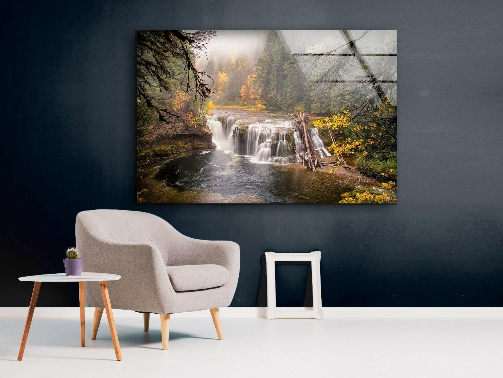 Autumn Waterfall Serenity Nature Wall Art - Stunning Landscape Glass Print for Home & Office Decor - Perfect for Living Room, Bedroom or Meditation Space