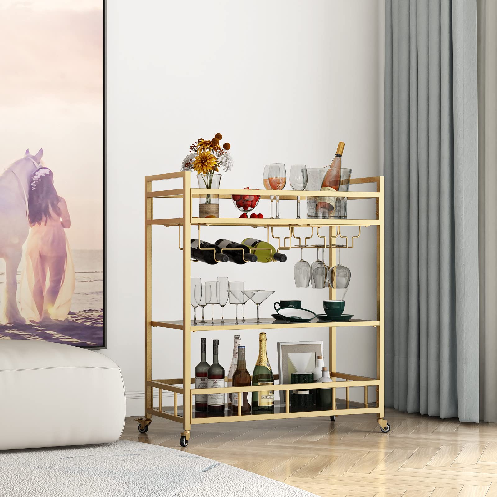 3-Tier Gold Rolling Bar Cart with Bottle Storage & Wine Glass Holder - Mobile Serving Cart for Indoor & Outdoor Use, Perfect for Parties, Patios & Kitchen Entertaining