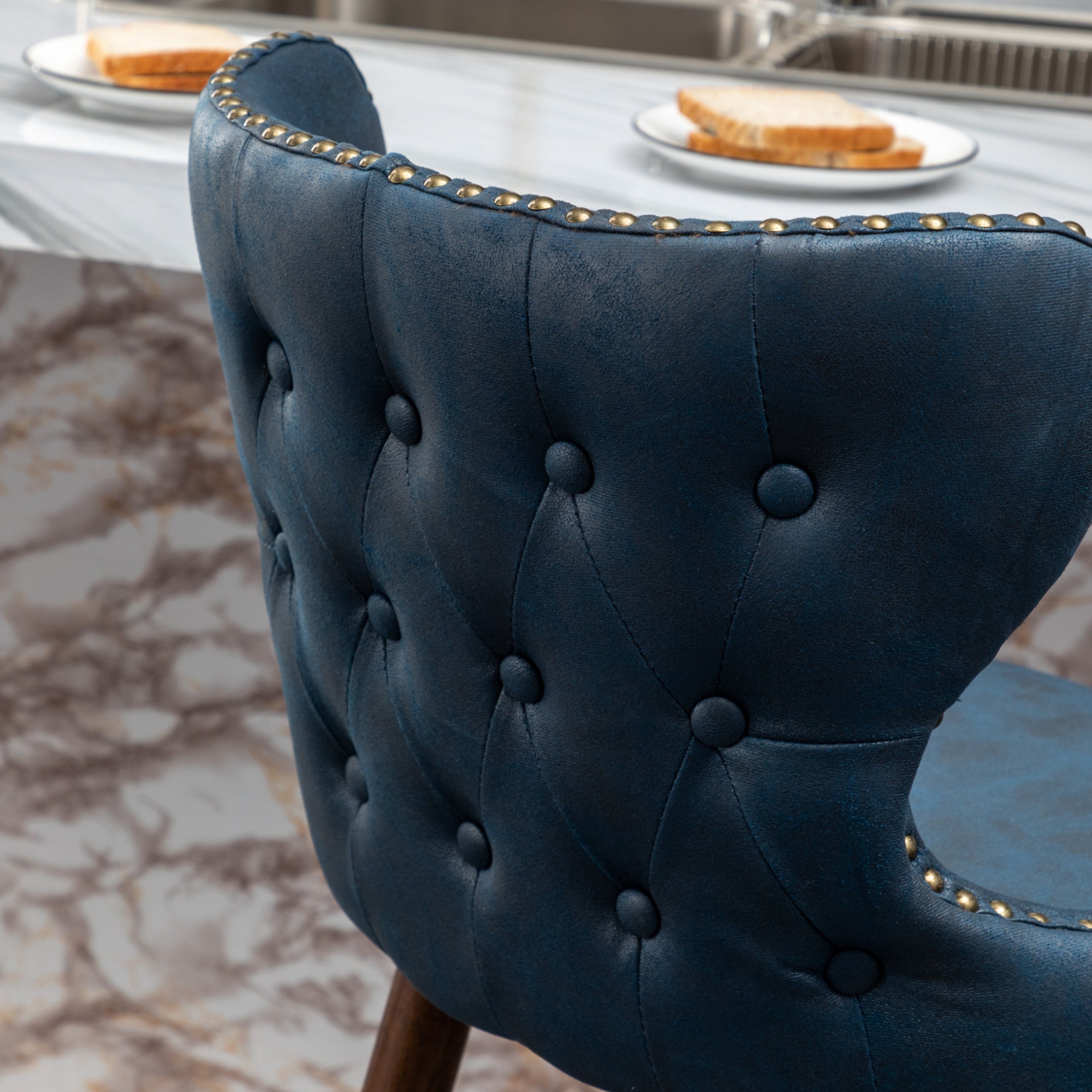 Roundhill Furniture Nevis Mid-Century Modern Faux Leather Tufted Bar Stools with Nailhead Trim - Set of 2 Blue Barstools for Kitchen Island, Breakfast Nook & Home Bar Decor