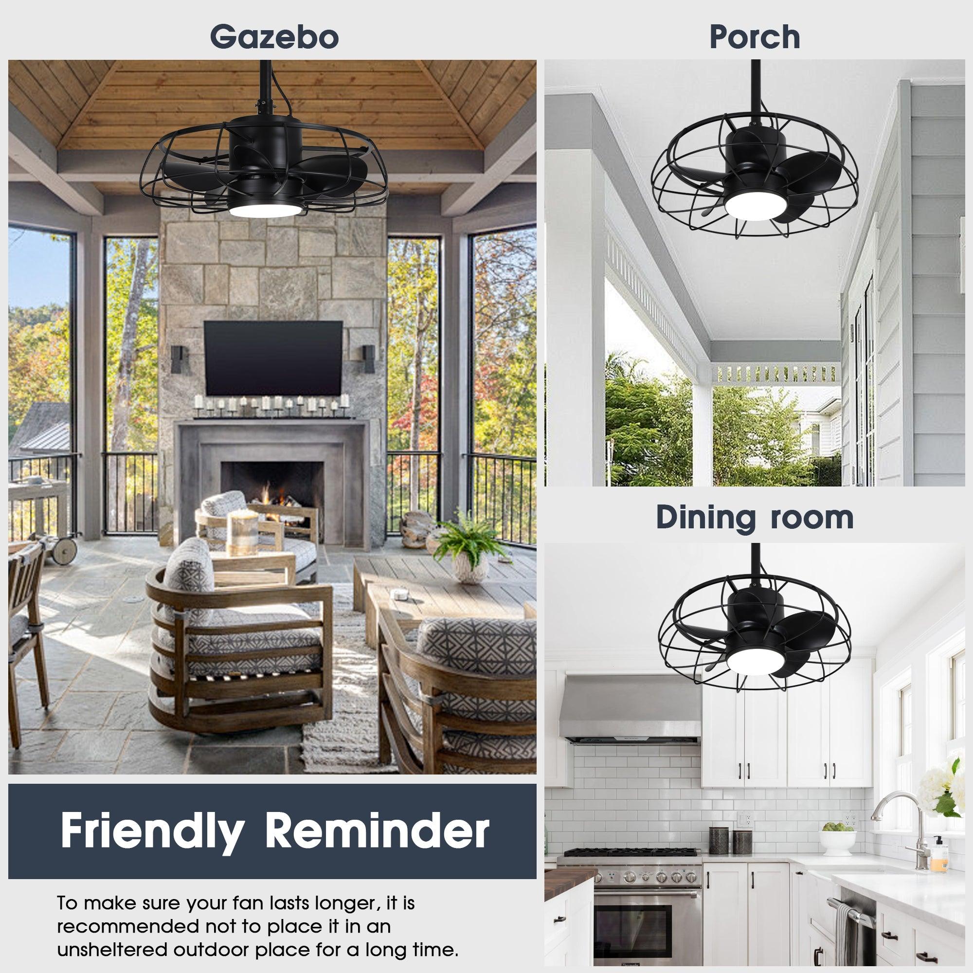 20 Inch Vistula Outdoor Ceiling Fan with Light - Black Industrial Style, DC Motor, Hanging Buckle Downrod - Perfect for Patio, Deck, and Covered Porch Cooling