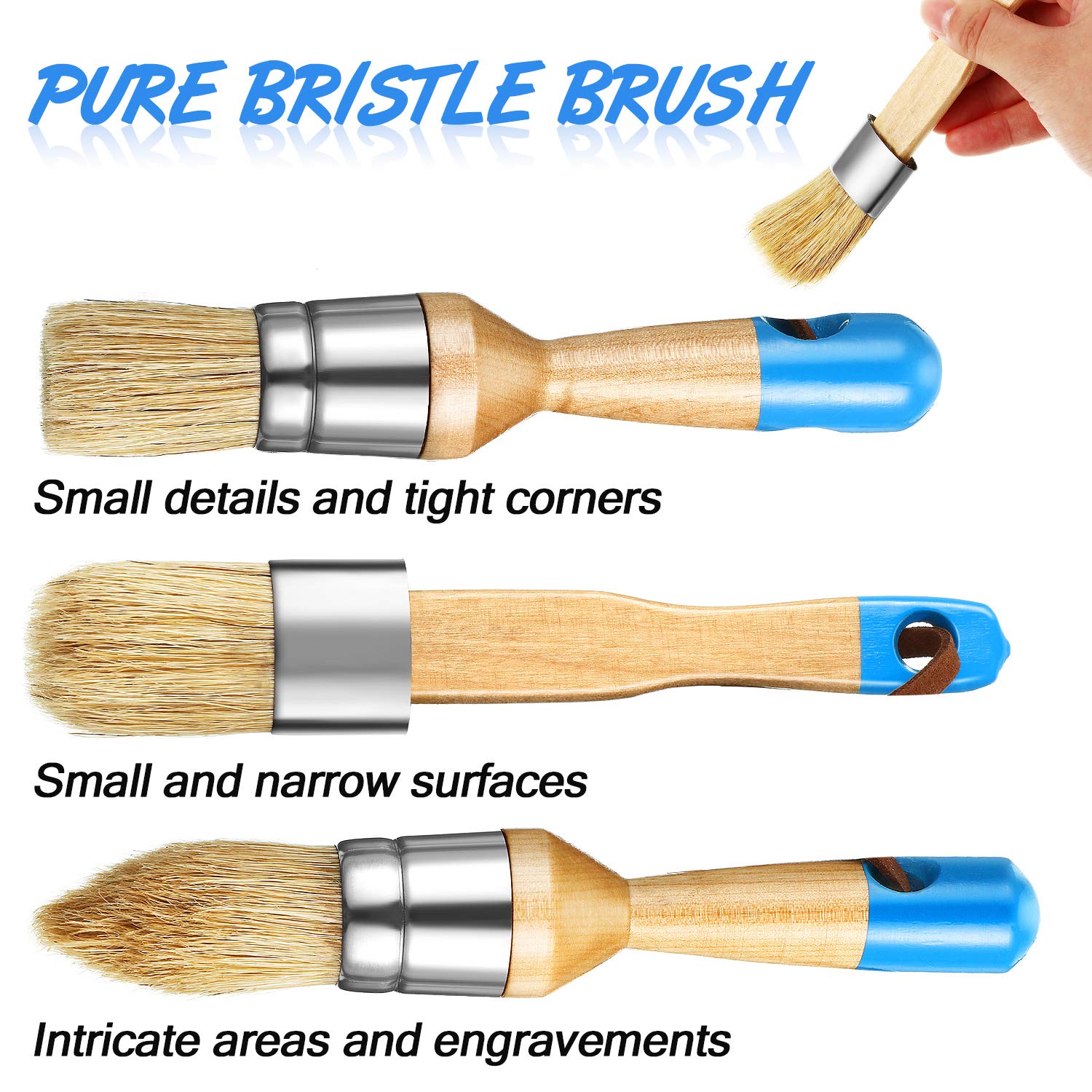 ABIYX 3-Piece Chalk & Wax Paint Brush Set - Flat, Pointed & Round Bristle Stencil Brushes for Wood Furniture, DIY Home Decor & Craft Projects (Blue) - Perfect for Distressed Finishes, Chalk Painting & Wax Application
