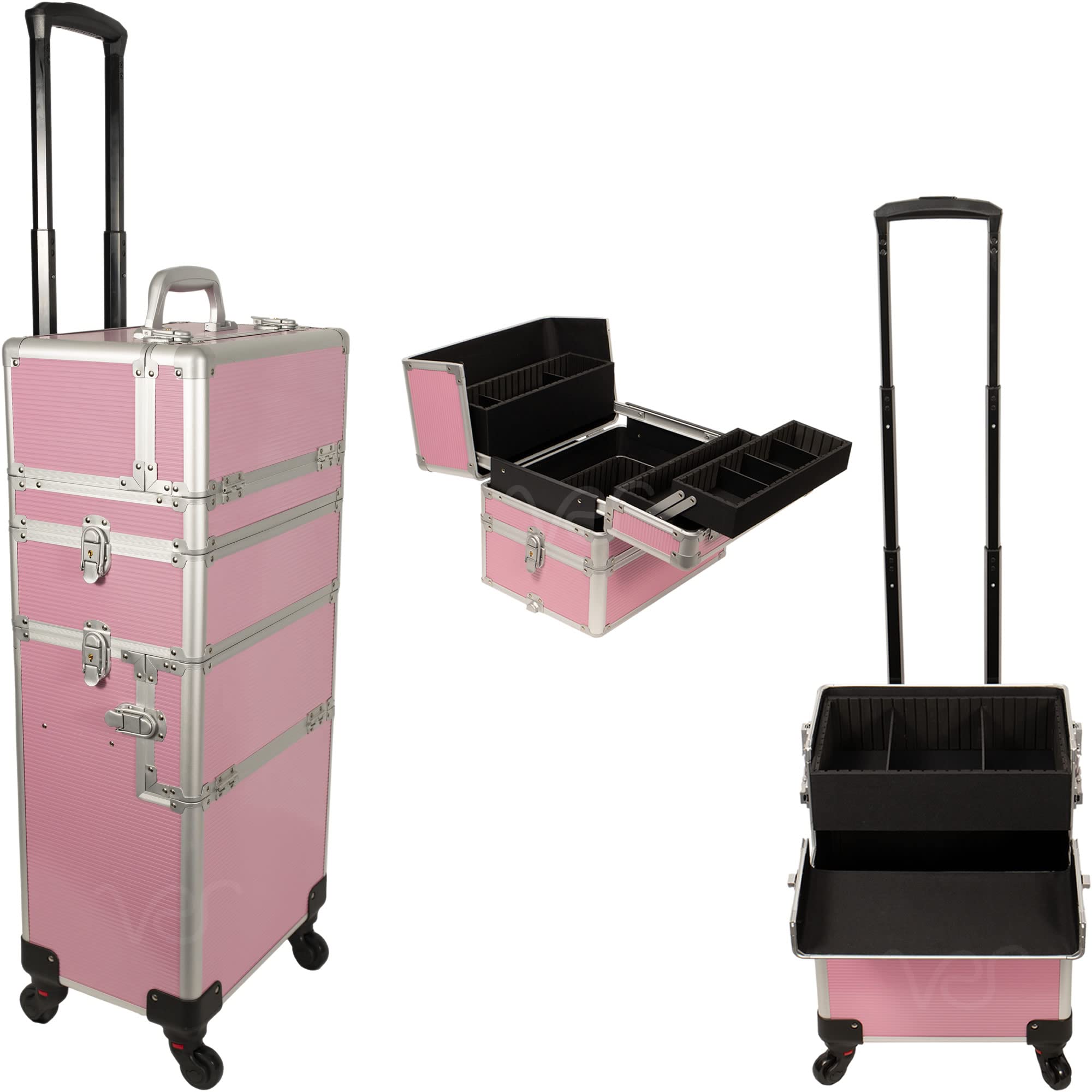 HIKER Professional Makeup Rolling Case HK6501 - 2 in 1 Hair Stylist Organizer with 3 Slide Drawers & Removable Tray | 4-Wheel Spinner Luggage with Lock, Mirror, Extra Lid & Shoulder Strap | Pink Matte Cosmetic Case for Travel & Salon Use