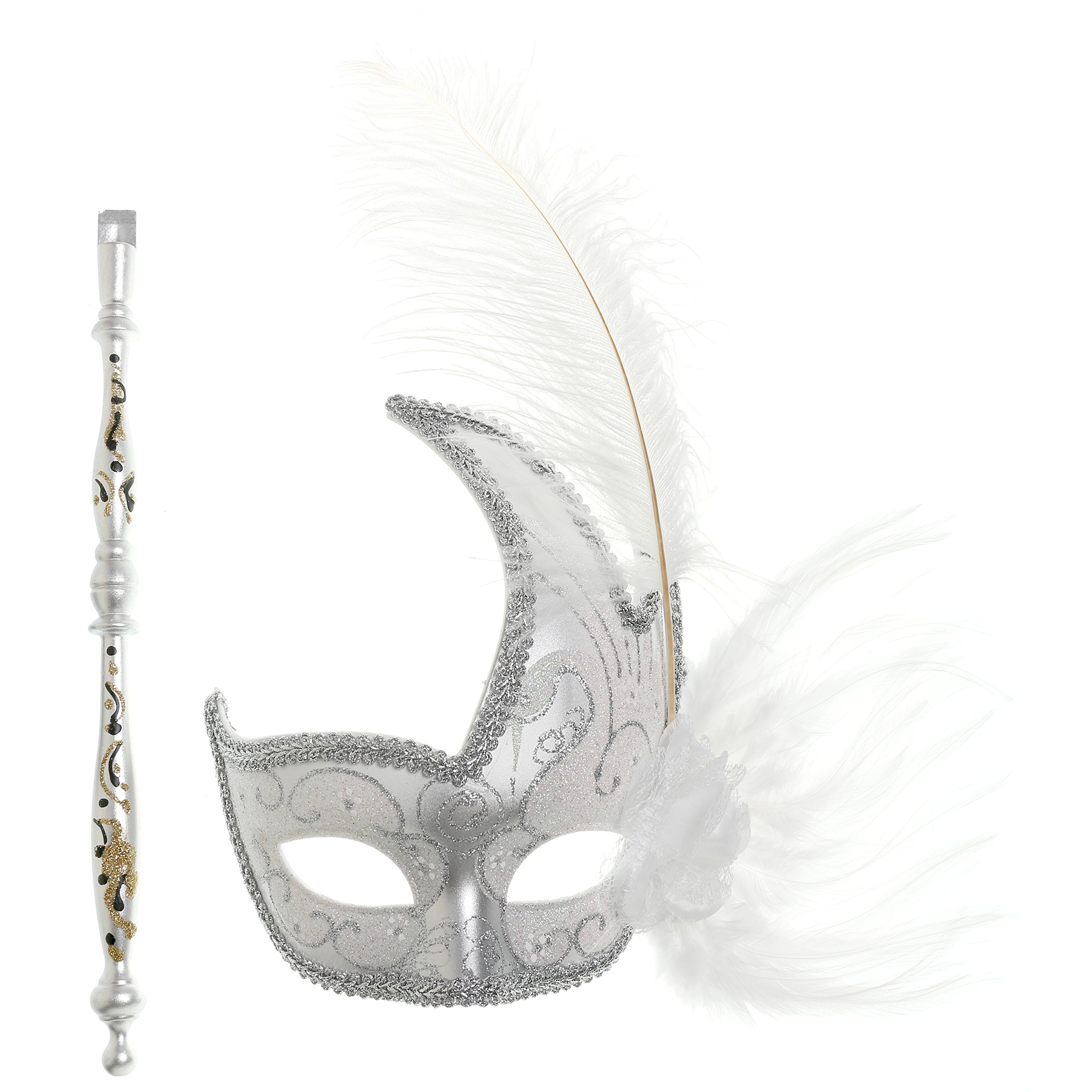 Elegant White Stick Mask for Women - Prom, Masquerade & Halloween Ball Masquerade Mask on a Stick - Perfect for Costume Parties, Themed Events & Photo Props