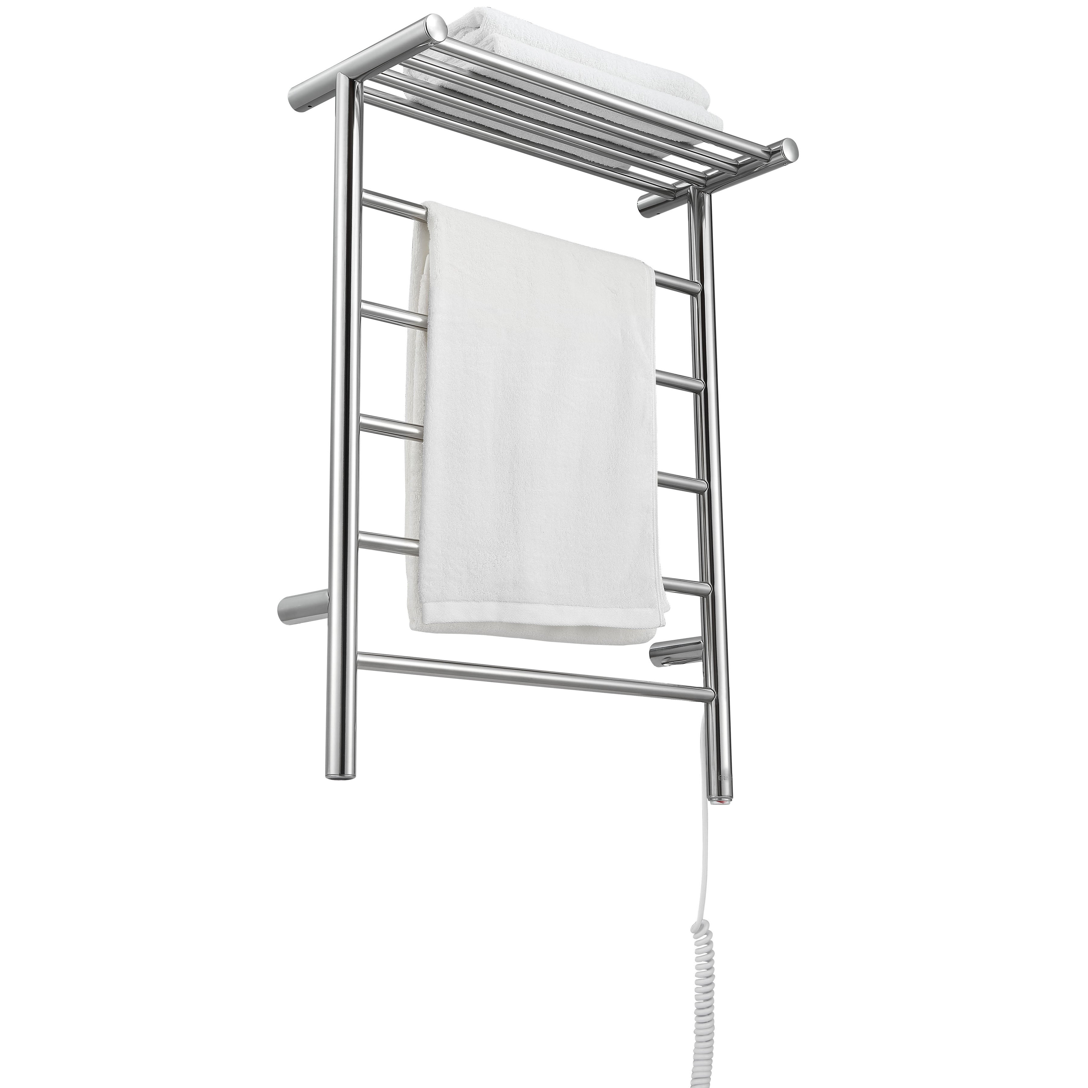 Miazzo 5 Bar Electric Wall Mounted Towel Warmer with Shelf - Plug In or Hardwire Installation - Polished Stainless Steel - Perfect for Bathrooms, Spas & Luxury Homes