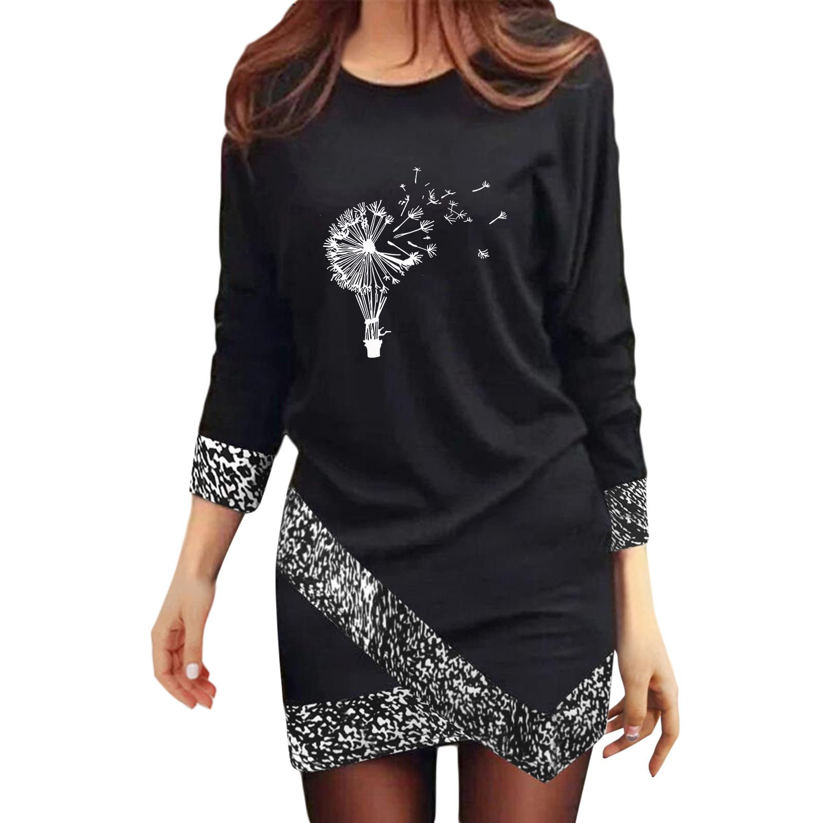 Round Plus Mini Irregular Size Club Party Long Sleeve Leopard Print Dress for Women - Perfect for Night Out, Club Events, and Leaf-Themed Parties