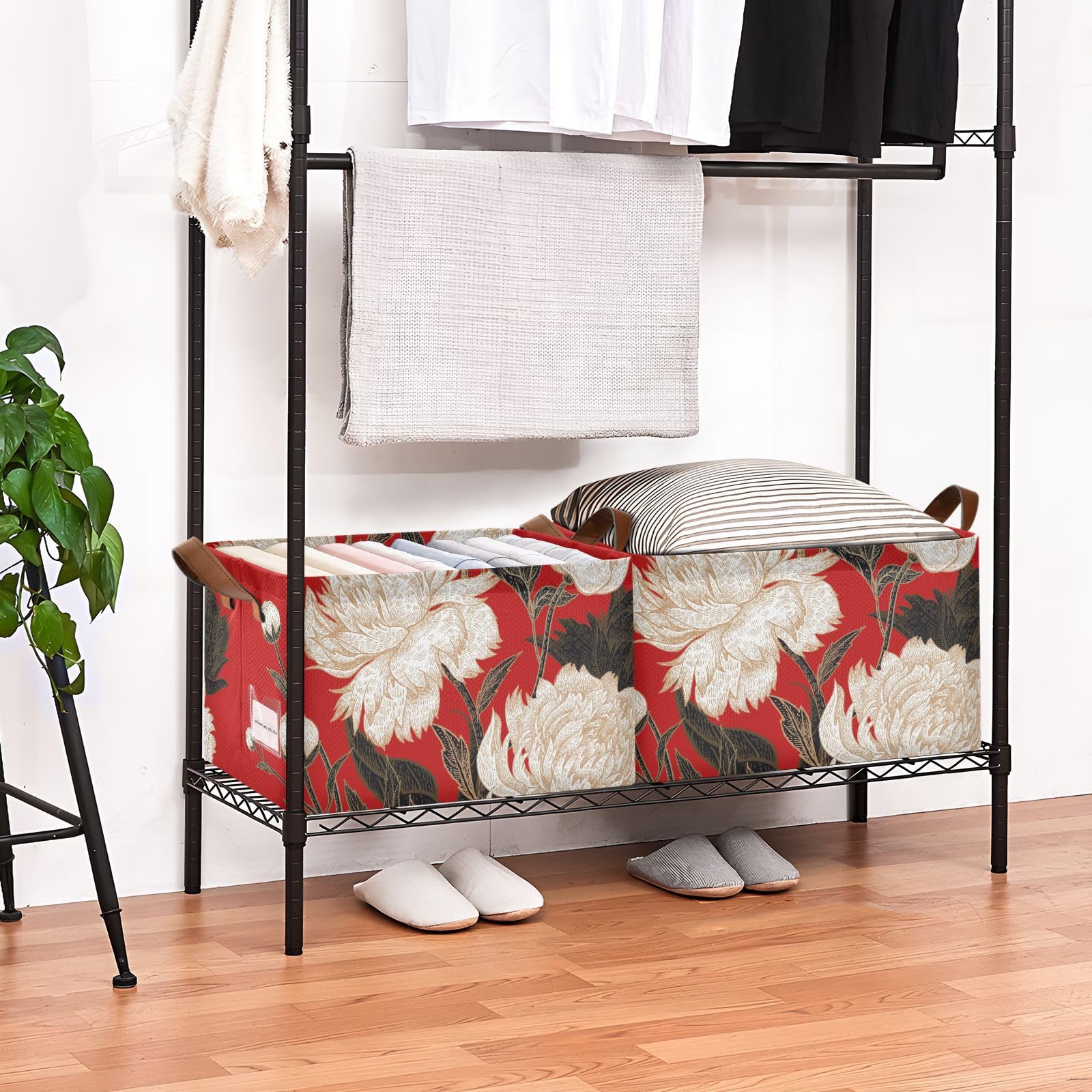 White Peony Red Fabric Storage Bins with Handles - 2 Pack Rectangle Woven Storage Baskets for Closet, Shelf & Home Organization | Perfect for Toys, Blankets & Laundry