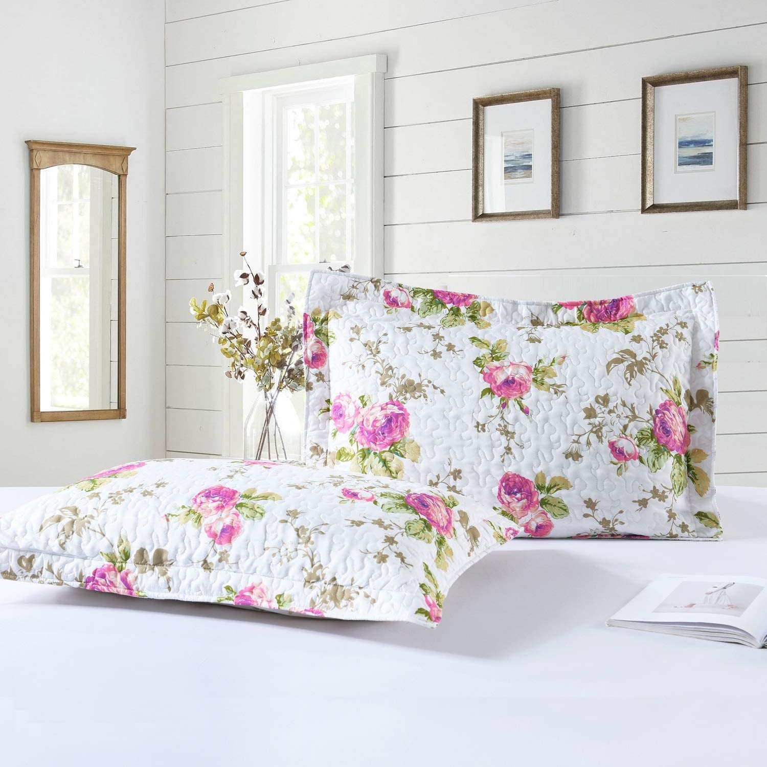 Boryard 3-Piece Full/Queen Quilt Set - Lightweight Soft Bedspread Coverlet (90x90 Inches) with 2 Pillow Shams (20x26 Inches) - Rose Floral Print Bedding for Cozy Bedroom Decor & Guest Room Essentials