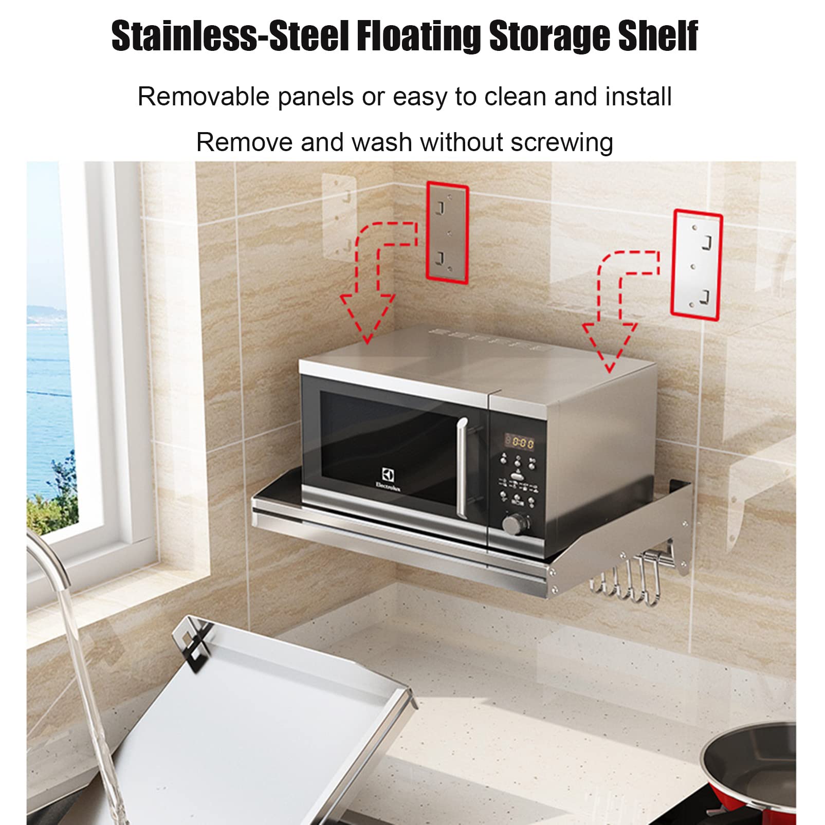 Stainless Steel Wall Mount Microwave Shelf - Multifunctional Kitchen Spice Rack & Bathroom Organizer - Space Saving Storage Solution for Microwave, Spices, Shower Essentials - Perfect for Kitchen, Bathroom, Laundry, Garage Organization