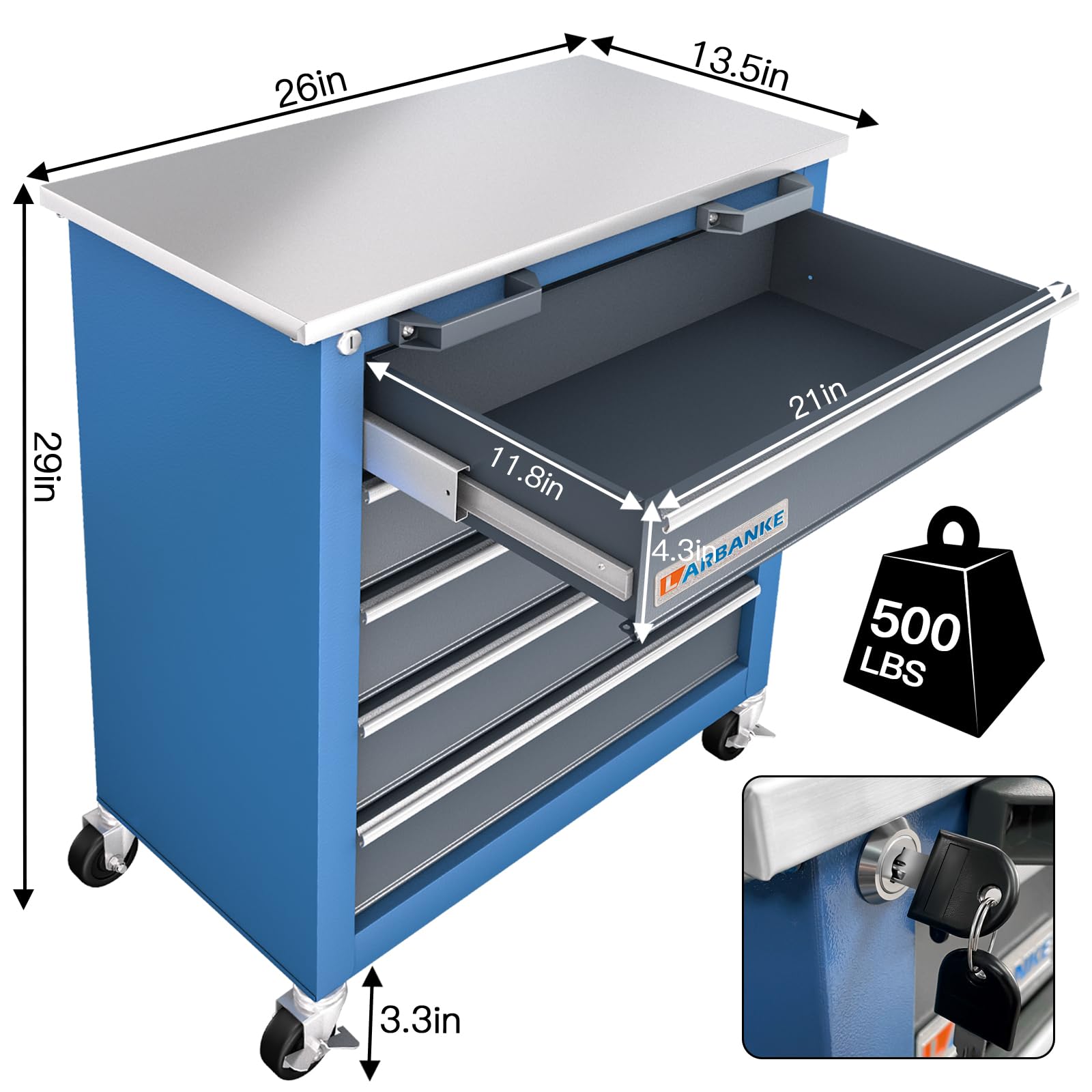 5-Drawer Rolling Tool Chest with Keyed Lock & Drawer Liners - Heavy Duty Mobile Tool Cabinet with Link Buckle, Expandable for Large Cabinet Set - Perfect for Garage, Workshop & Warehouse Organization