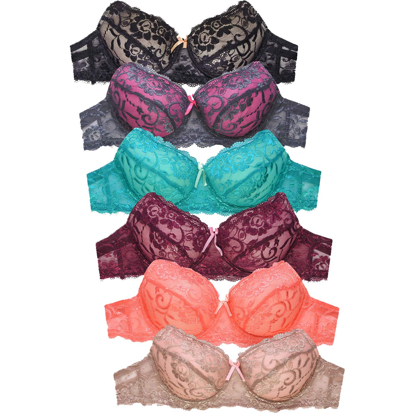 Mamia Women's Comfortable Lace Bras 6-Pack - Soft, Breathable & Supportive Underwear for Everyday Wear, Workout & Sleep