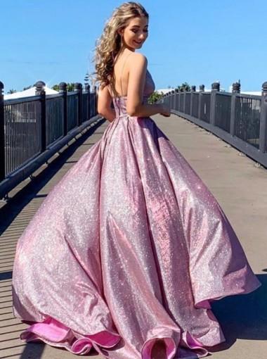 Elegant Pink A-Line Spaghetti Strap V-Neck Long Prom Dress for Party, Homecoming, Dance & Formal Events - Style 12551