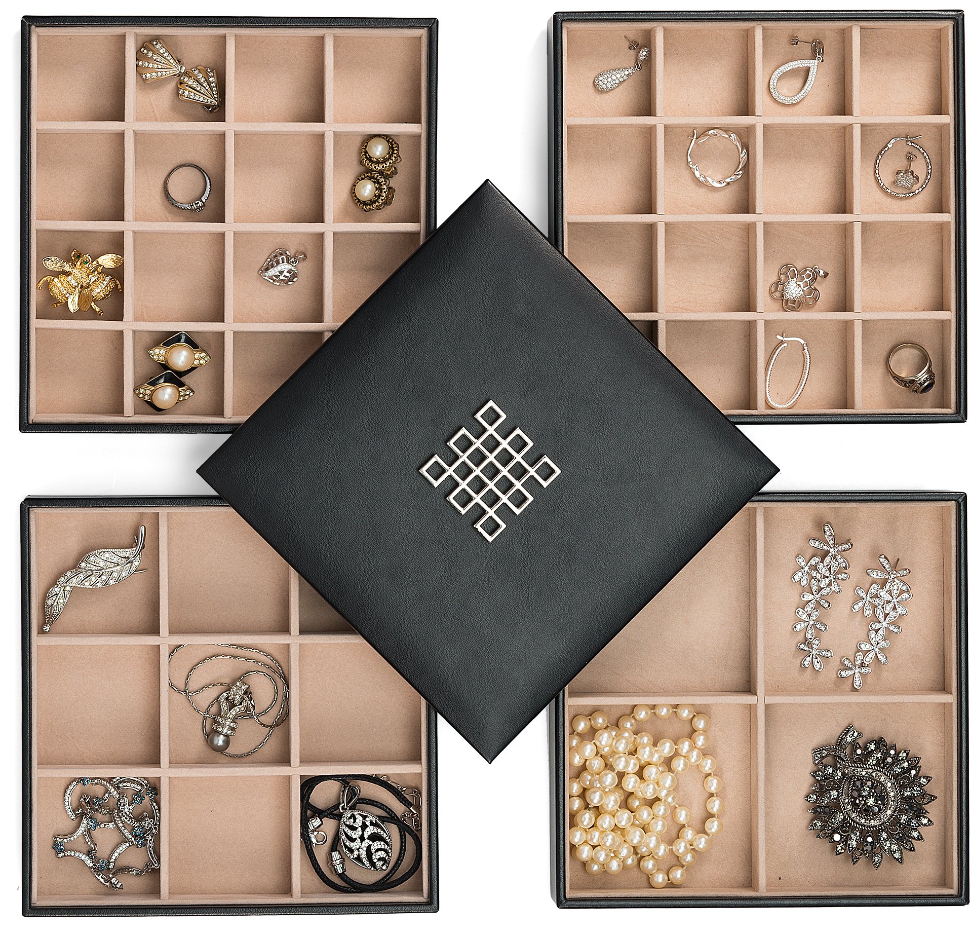 Stackable Jewelry Organizer Tray with Lid - 45 Slot Earring Holder & Necklace Display Case - Large Mirror Dresser Storage for Rings, Earrings (Black) - Perfect for Bedroom Vanity & Travel Jewelry Organization
