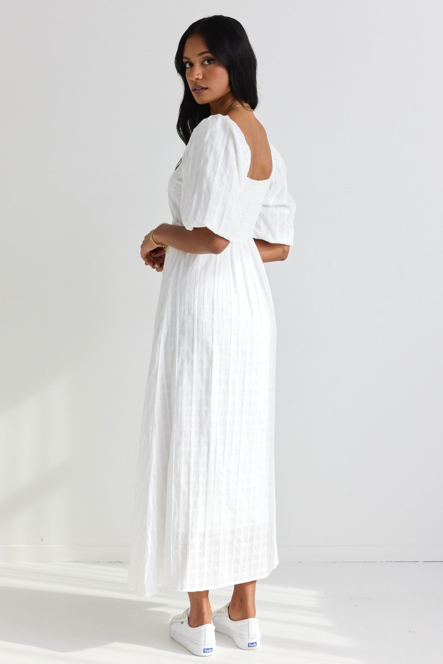 Heartfelt Ivory Check SS Button Front Midi Dress - Elegant Casual Wear for Brunch, Date Night & Summer Parties
