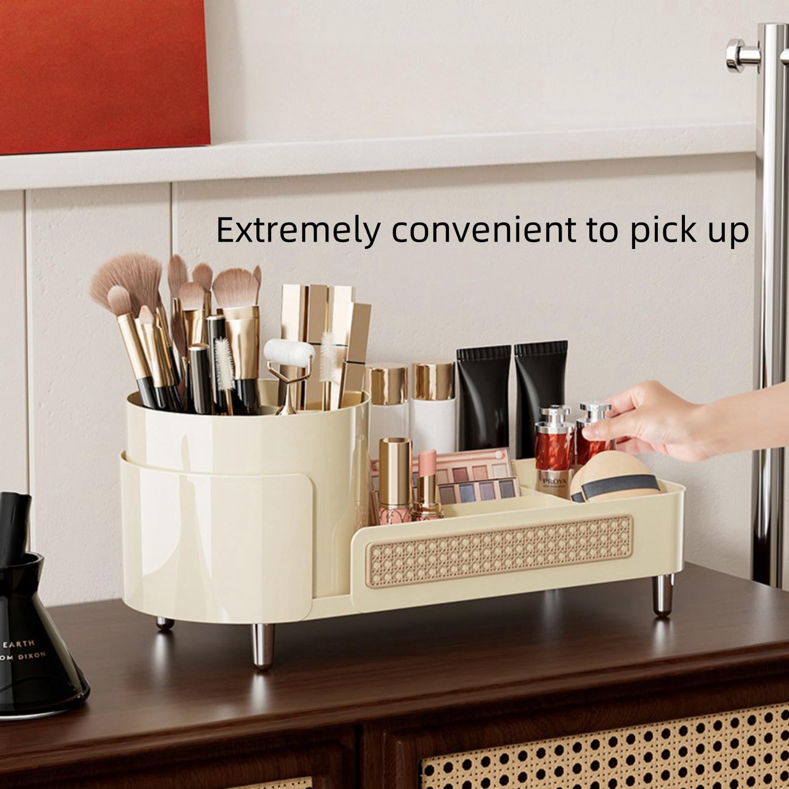 2-in-1 Rotating Makeup Organizer with Large Capacity - Vanity Countertop Cosmetic Storage Display Case for Bathroom & Dressing Table (Cream) | Perfect for Organizing Lipsticks, Brushes & Skincare Products