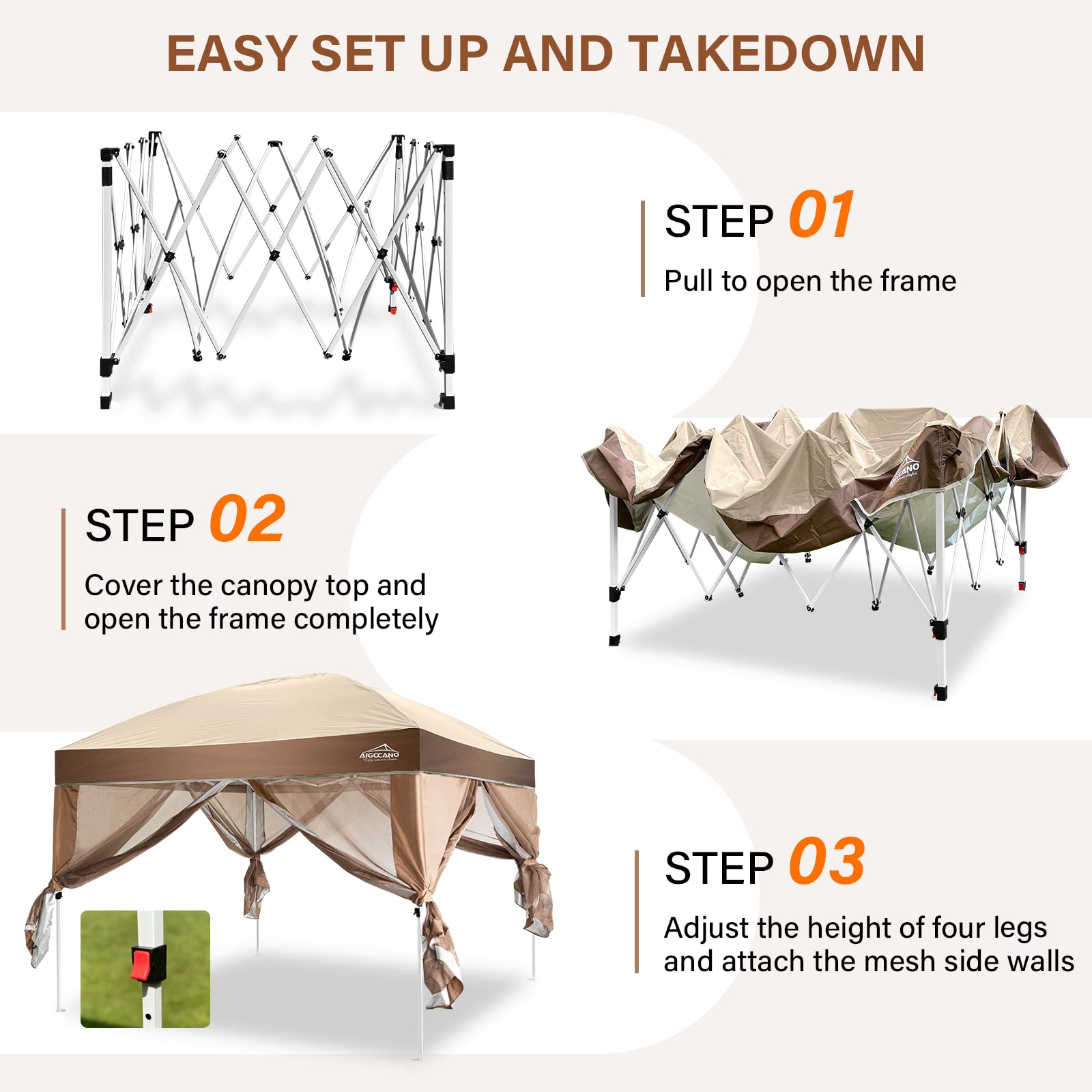 10x10 Pop Up Canopy Tent with Netting Screen - Portable Outdoor Gazebo for Camping, Backyard Parties, Patio Shade - Includes Foldable Frame, Roller Bag & 4 Sandbags (Brown) | Perfect for Beach Picnics, Tailgating & Farmers Markets