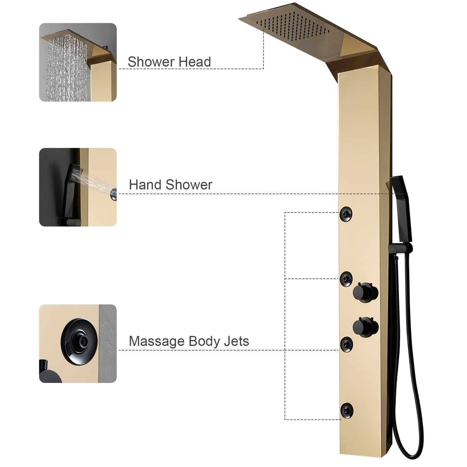 Premium BWE Stainless Steel Shower Panel Tower System - 3-in-1 Multi-Function Shower Panel with Rainfall Shower Head, Massage Body Jets & Handheld Spray - Wall Mounted Polished Gold Shower Column for Luxury Bathroom & Spa Experience