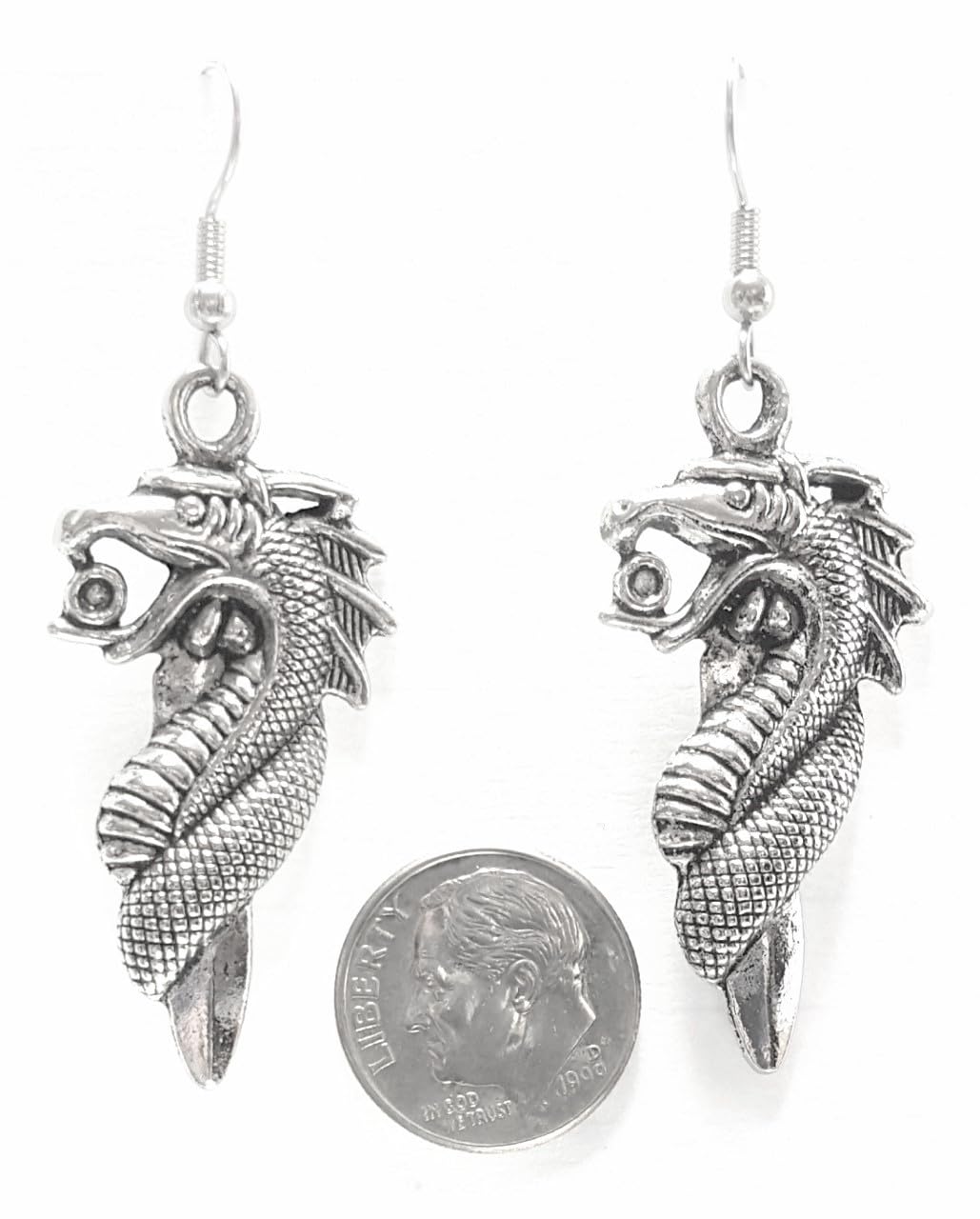 Hypoallergenic Silver Alloy Dragon Charm Dangle Earrings 42x21mm - Fishhook & Ball Post Options for Women | Gothic Jewelry, Fantasy Costume Accessories, Gift for Mythology Lovers