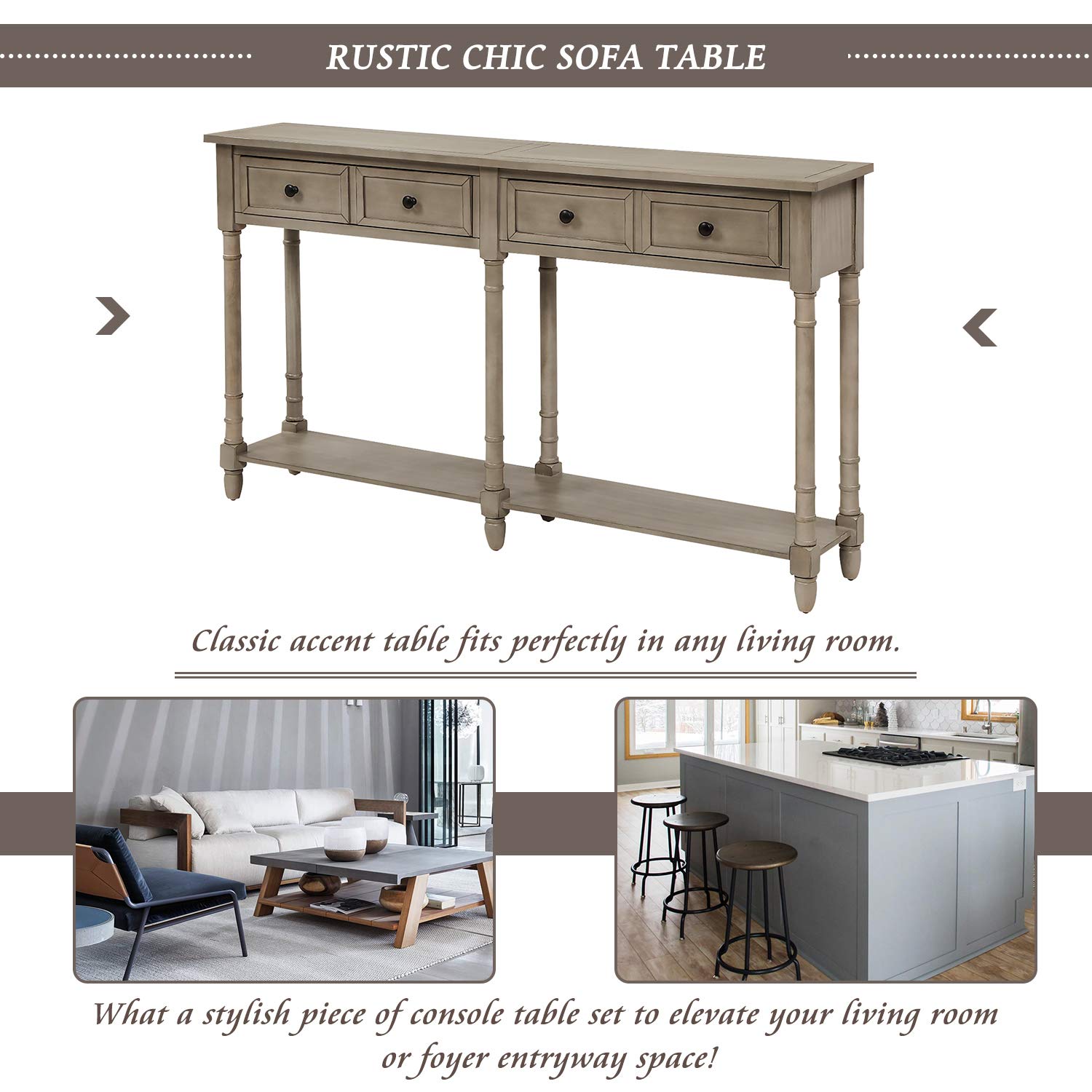 Rustic Gray Wash Wood Console Table with 2 Storage Drawers & Bottom Shelf - Entryway Sofa Table for Living Room, Hallway | Easy Assembly Home Decor for Farmhouse, Apartment & Office Spaces