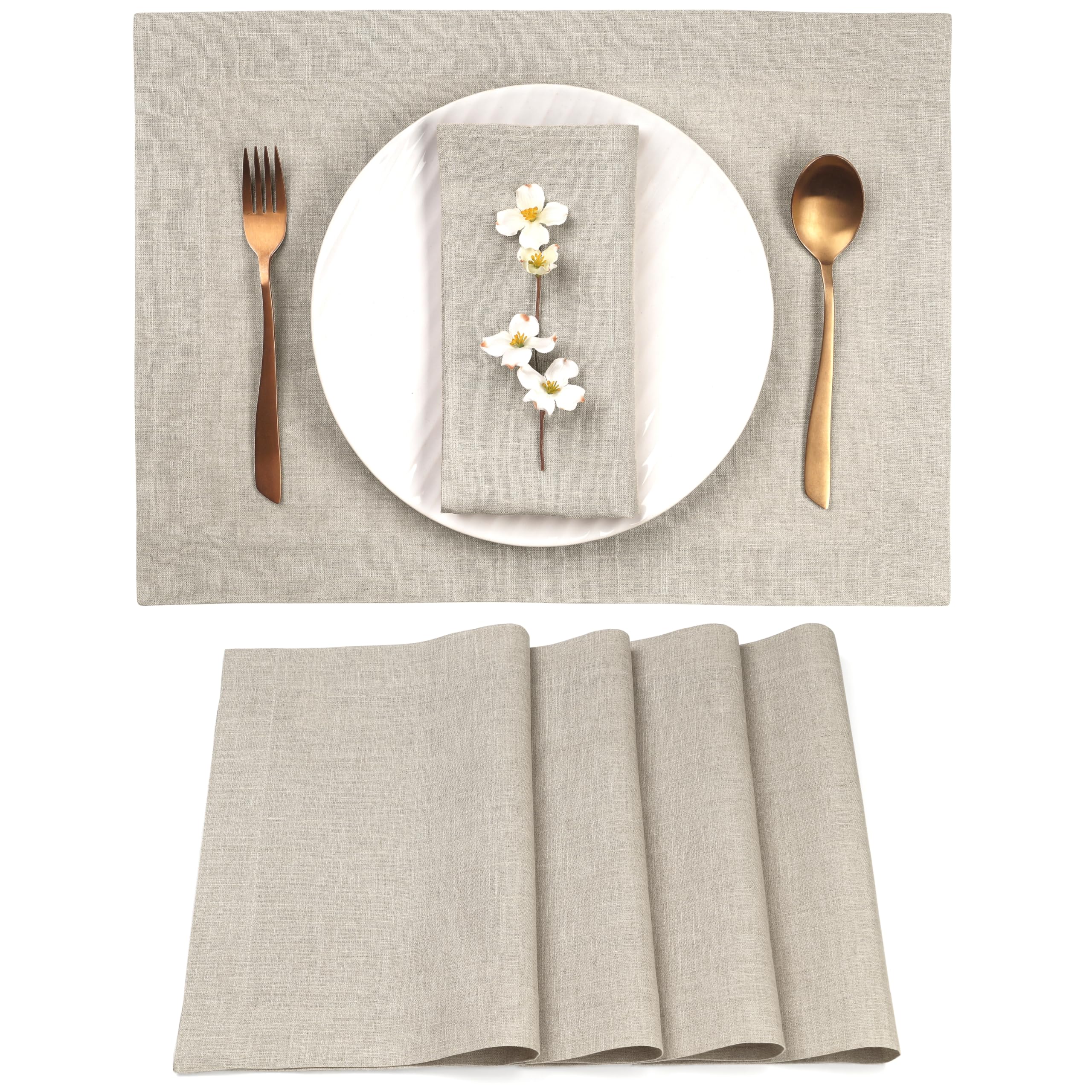 D'Moksha Homes 100% Pure Linen Placemats Set of 4 - Natural 14x19 Inch Washable Table Mats for Dining, Easter Decor & Everyday Use
