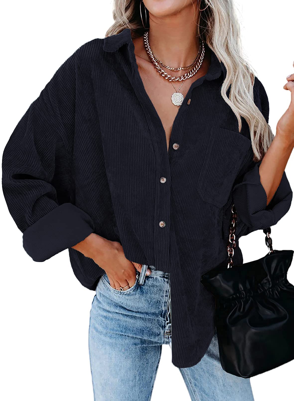 Dokotoo Women's Corduroy Button Down Shirt - Long Sleeve Oversized Boyfriend Blouse for Casual & Work Wear | Fall & Winter Fashion Tops