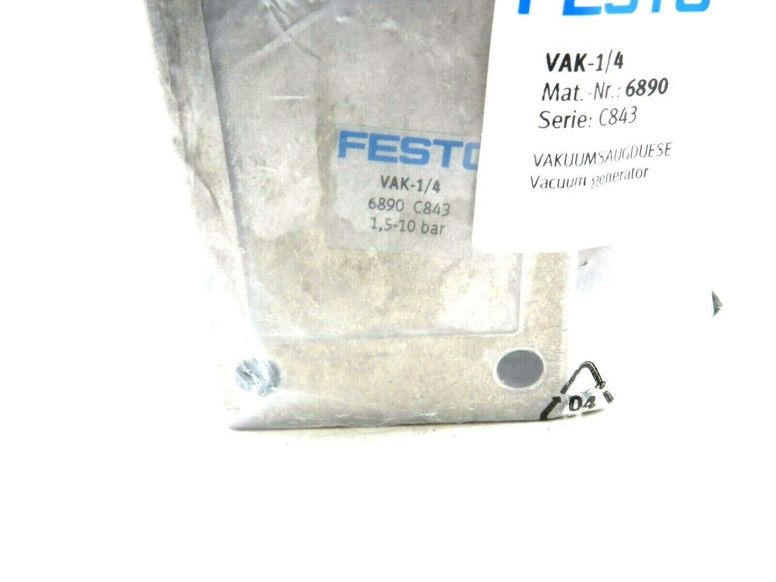 FESTO VAK-1/4 Vacuum Generator 1.5-10 BAR, 80% Vacuum, G1/4 Connection, Through-Hole Mount for Industrial Automation and Pneumatic Systems