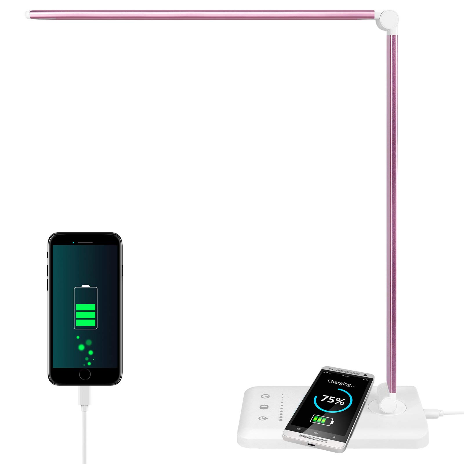 Wireless Charging Desk Lamp with Eye-Caring LED Light - Touch Control Dimmable Reading Lamp for Home Office, 5 Lighting Modes & USB Port, Alarm Clock Desk Light (Pink) - Perfect for Studying, Working & Nightstand Use