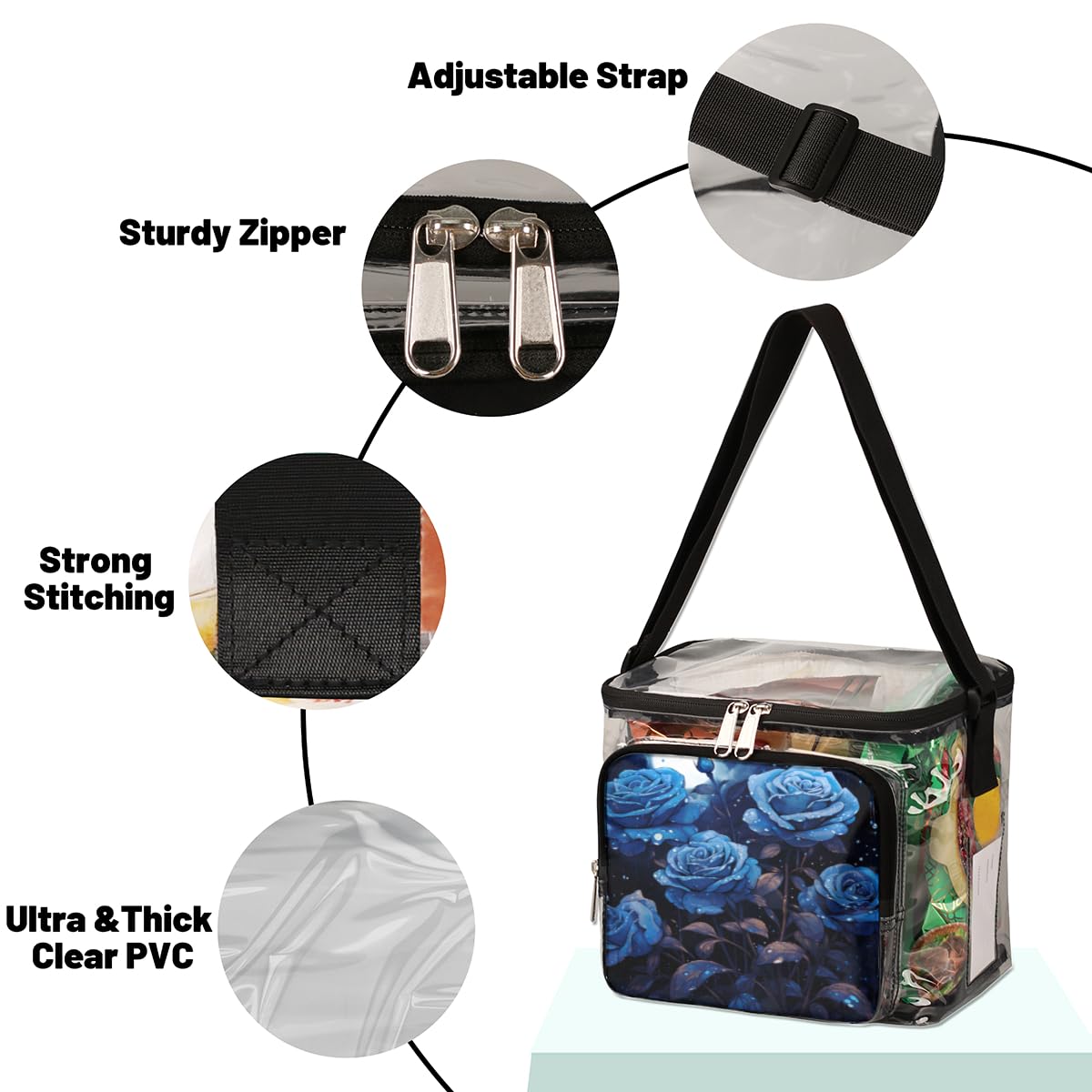 GzLeyigou Blue Enchantress Clear Tote Bag with Handles - Transparent Crossbody Shoulder Bag for Women, Rose Pattern Lunch Bag | Perfect for Outdoor Travel, Picnic, Concerts, Sports Events & Stadium Approved | Fashionable & Functional Clear Purse for Shopping, Beach & Theme Parks