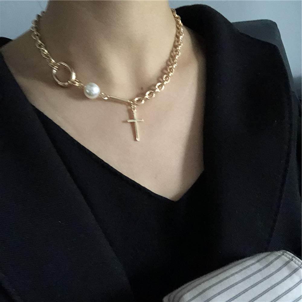 Dainty Punk Cross Pearls Stackable Layered Necklace - Silver Choker Necklace for Women & Girls | Minimalist Statement Jewelry | Perfect for Layering, Everyday Wear & Gift Giving