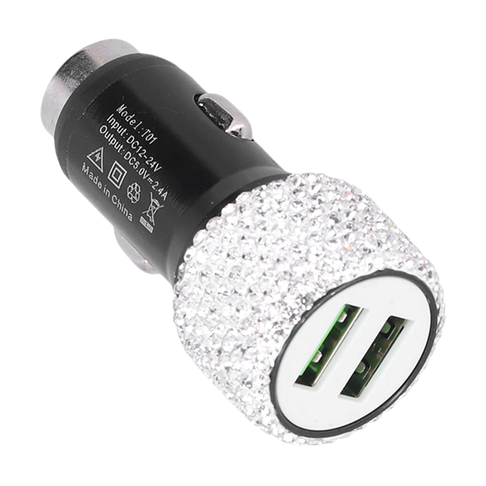 Sparkling Rhinestone USB Car Charger - 5V Dual Port Fast Charging Adapter with Crystal Decoration for iPhone & Android - Perfect Car Interior Accessory (White) | Ideal for Road Trips, Commuting & Gift Giving