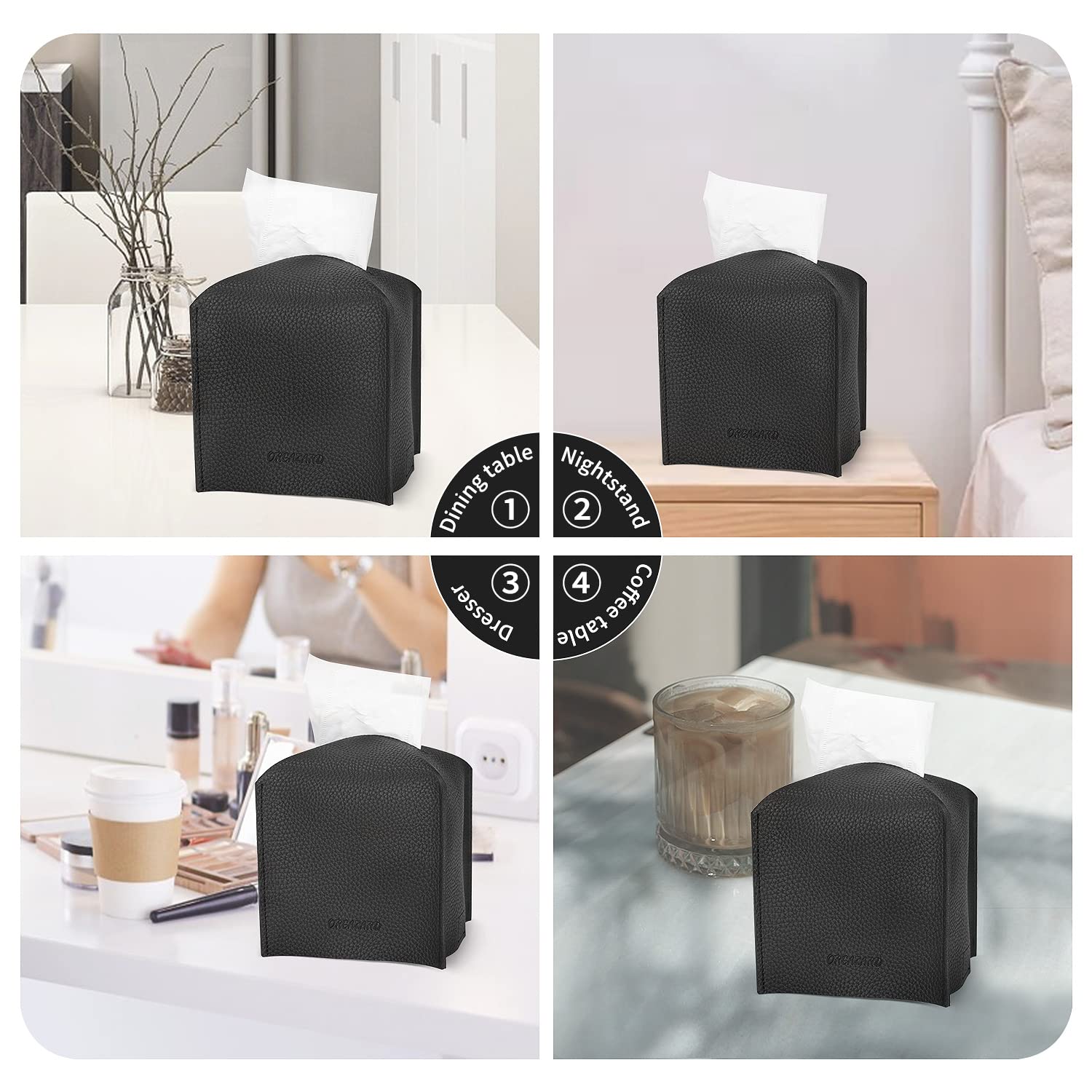 Modern Cube Tissue Box Cover - 2 Layer PU Leather, Upgraded Thickened Design - Decorative Square Tissue Holder for Bathroom, Vanity, Nightstand & Desk - 5