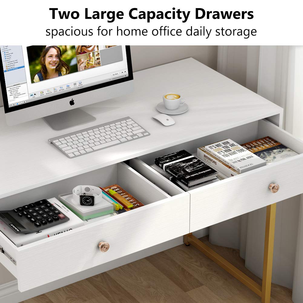 Tribesigns 47-inch Modern Computer Desk with 2 Storage Drawers - Home Office Desk, Study Table, Writing Desk & Makeup Vanity in White & Gold | Perfect for Small Spaces, Gaming Setup & Work from Home