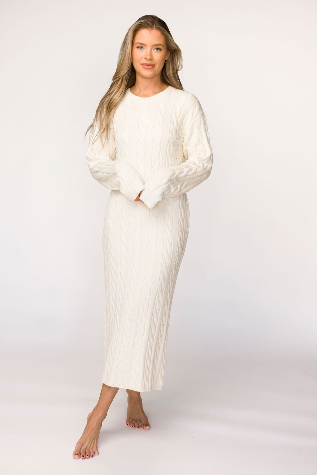 Winslet Cream Cable Knit Maxi Dress for Women - Soft & Comfortable Long Knitted Dress - Perfect for Fall, Winter, Casual Outings & Holiday Parties