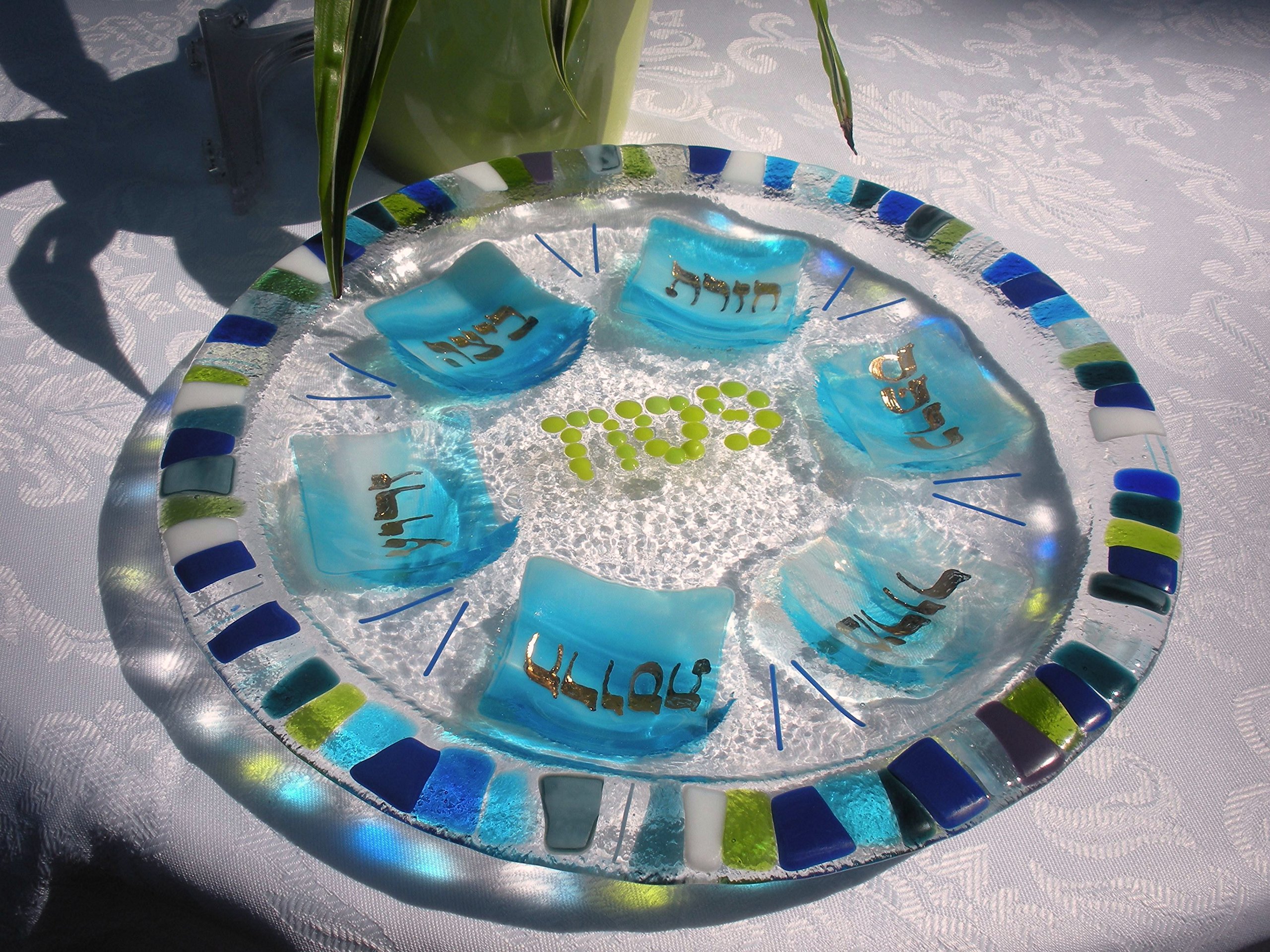 Handmade Mosaic Glass Fused Seder Plate with Hebrew Lettering - Elegant Passover Dinnerware for Jewish Holiday Celebrations by YafitGlass