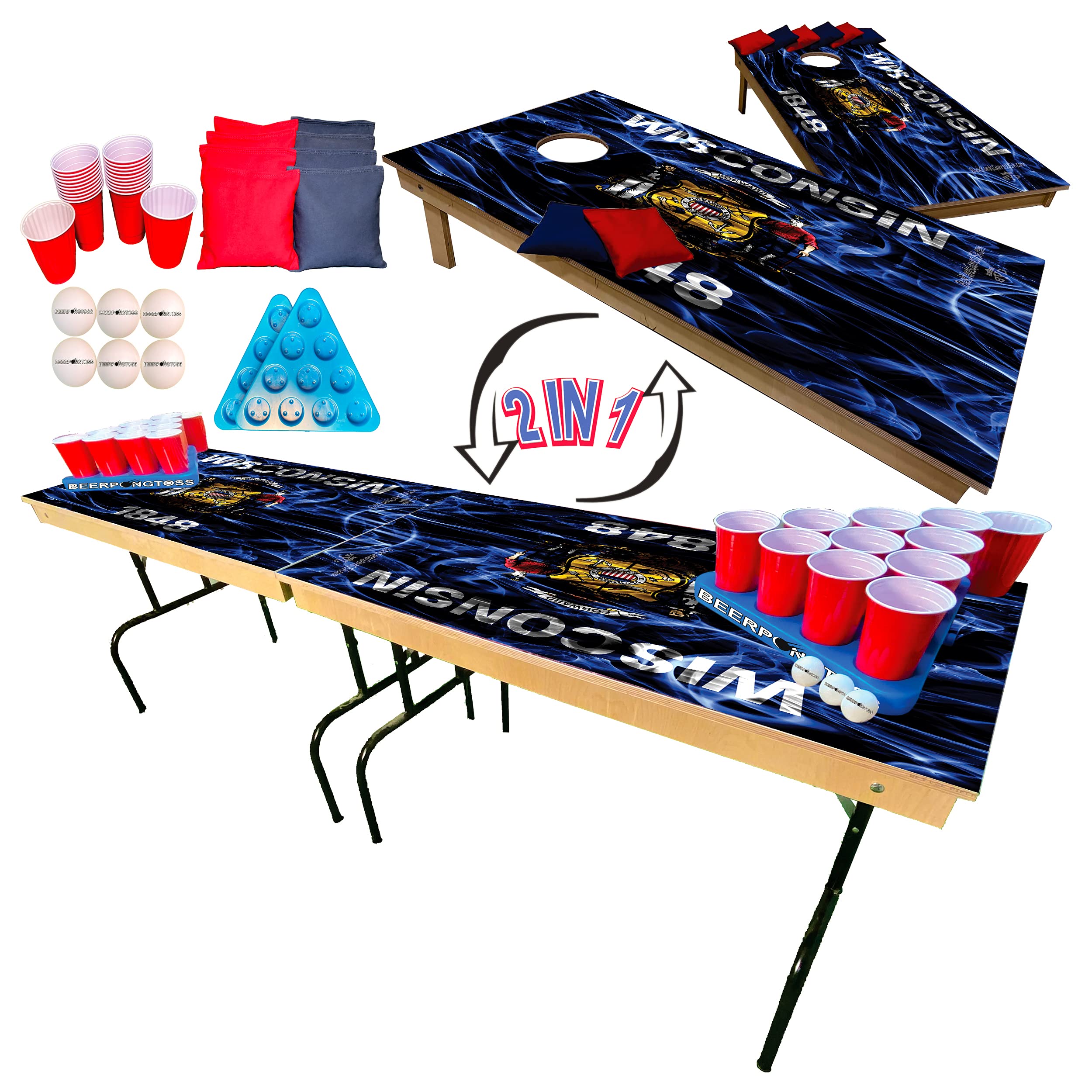 2-in-1 Cornhole & Tailgate Pong Table with Wisconsin State Flag Design - 8ft Portable Game Set for College Parties, Backyard BBQs & Tailgating - Includes Cornhole Boards, Bags, Beer Pong Cups & Accessories