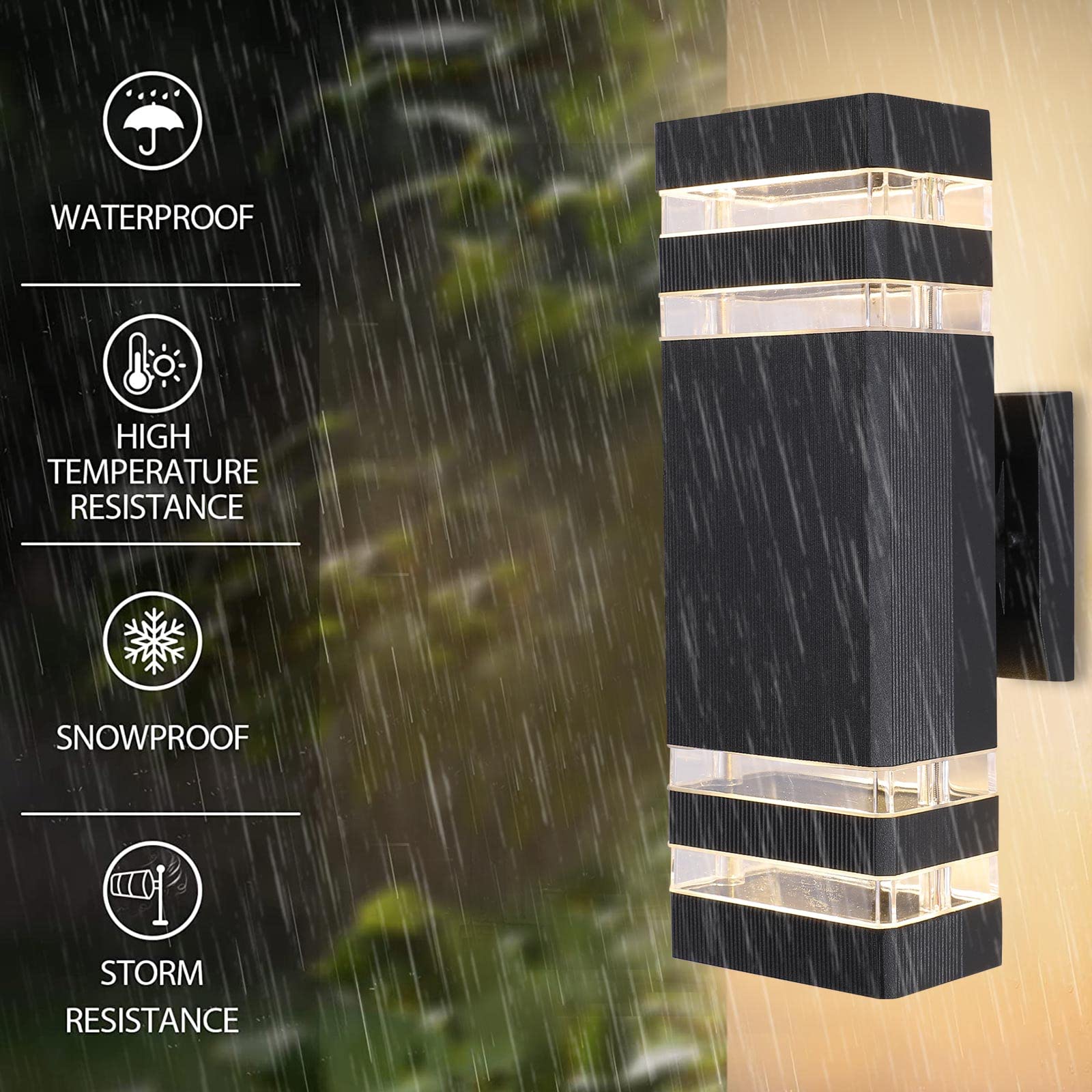 Modern Black LED Outdoor Wall Sconce Lights - 2 Pack Waterproof Exterior Wall Mount Lighting for Garage, Garden, Porch, Balcony & Entryway - Up/Down Square Design for Ambient & Security Lighting