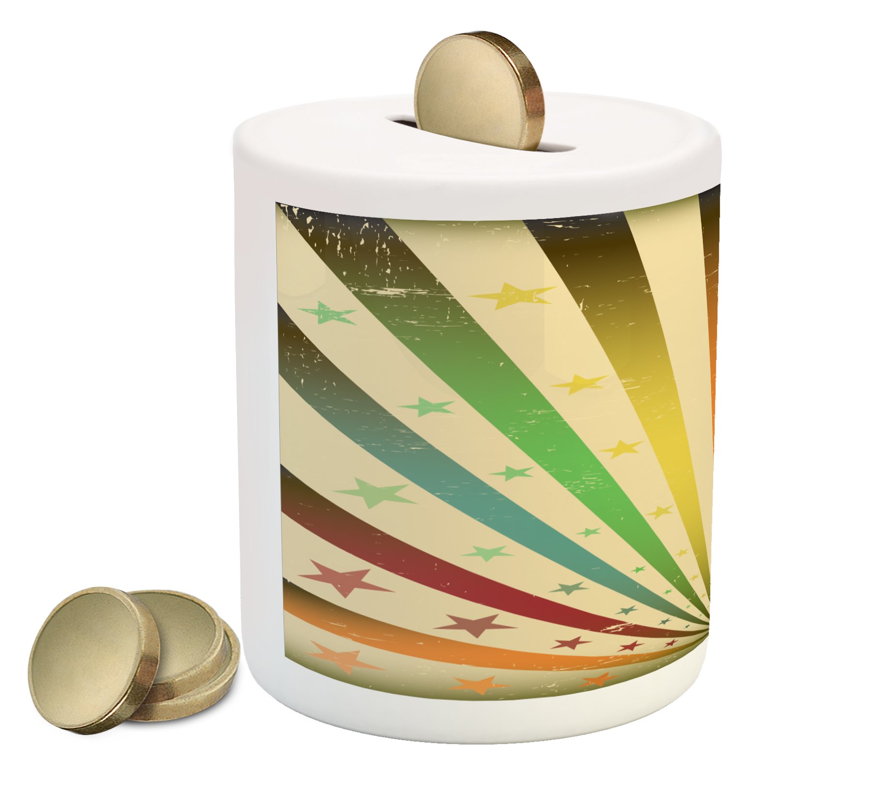Ambesonne Vintage Rainbow Piggy Bank - Retro Carnival Theme with Colorful Stripes & Stars, Worn-Out Effect Ceramic Money Box for Cash Savings | Perfect for Kids' Piggy Banks, Coin Collecting & Retro Home Decor