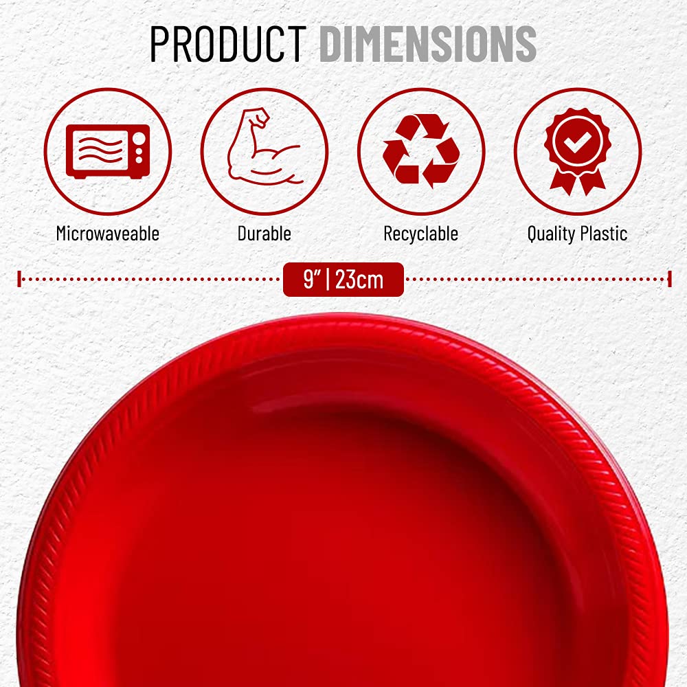 120-Pack 9-Inch Disposable Red Plastic Plates for Parties, Picnics, BBQs, Travel & Special Events - Bulk Round Dinner Plates for Easy Cleanup & Convenience