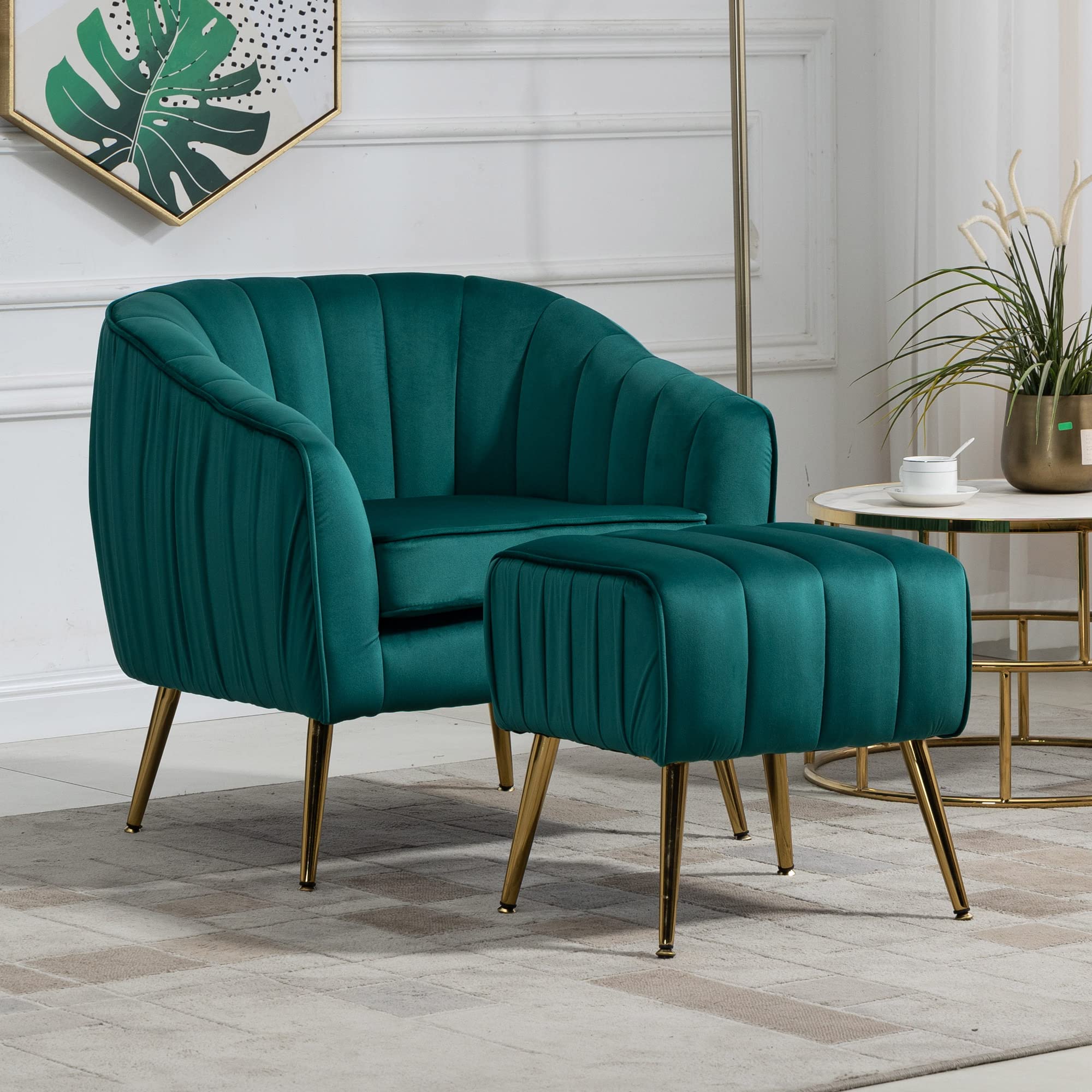 Modern Velvet Accent Chair with Ottoman - Tufted Barrel Lounge Chair & Footrest Set, Golden Metal Legs - Comfortable Living Room & Bedroom Furniture for Relaxing, Reading & Entertaining Guests