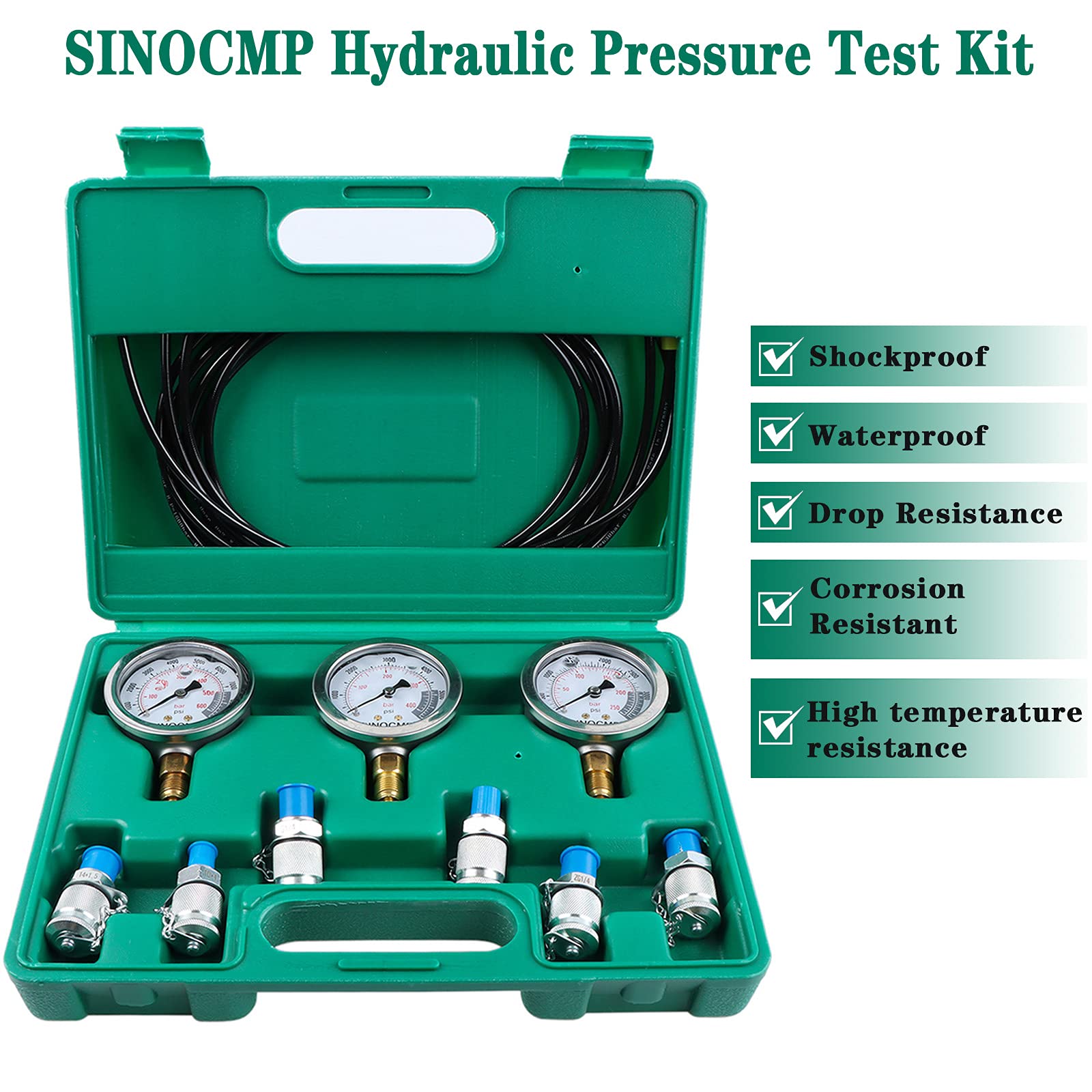 SINOCMP Hydraulic Pressure Testing Kit for Excavators - Professional Hydraulic Tester with Pressure Gauge - Compatible with Most Excavator Brands (CAT, Komatsu, Hitachi) - Ideal for Construction Site Maintenance & Equipment Diagnostics